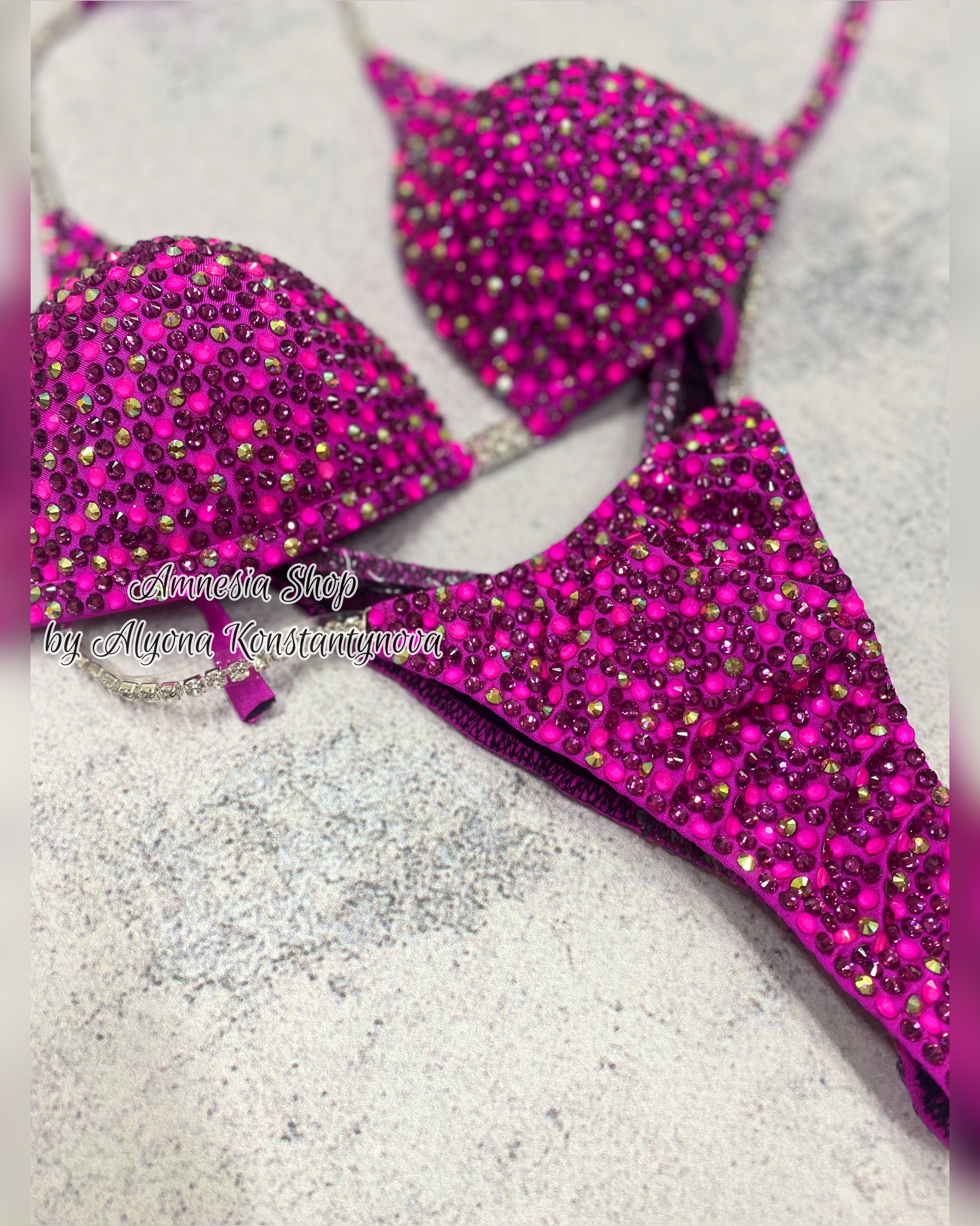 Pink Neon Competition Bikini Set - Rhinestone Fitness - NPC - IFBB - WBFF - Figure Competition Suit - Posing Suit - Swarosvki Bodybuilding