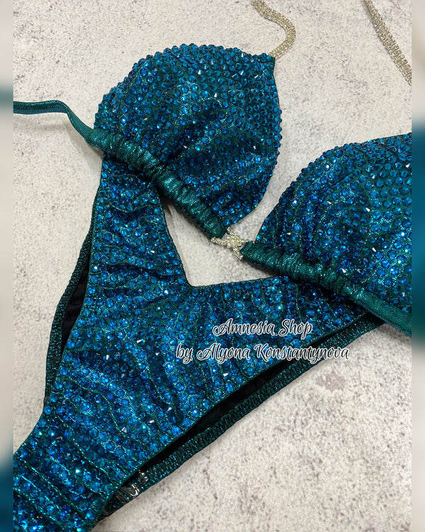 Sea Wave Fitness Bikini - Competition Bikini Set - Figure Fitness - NPC - IFBB - Velvet Figure Competition Suit - Posing Suit - Wellness Bikini