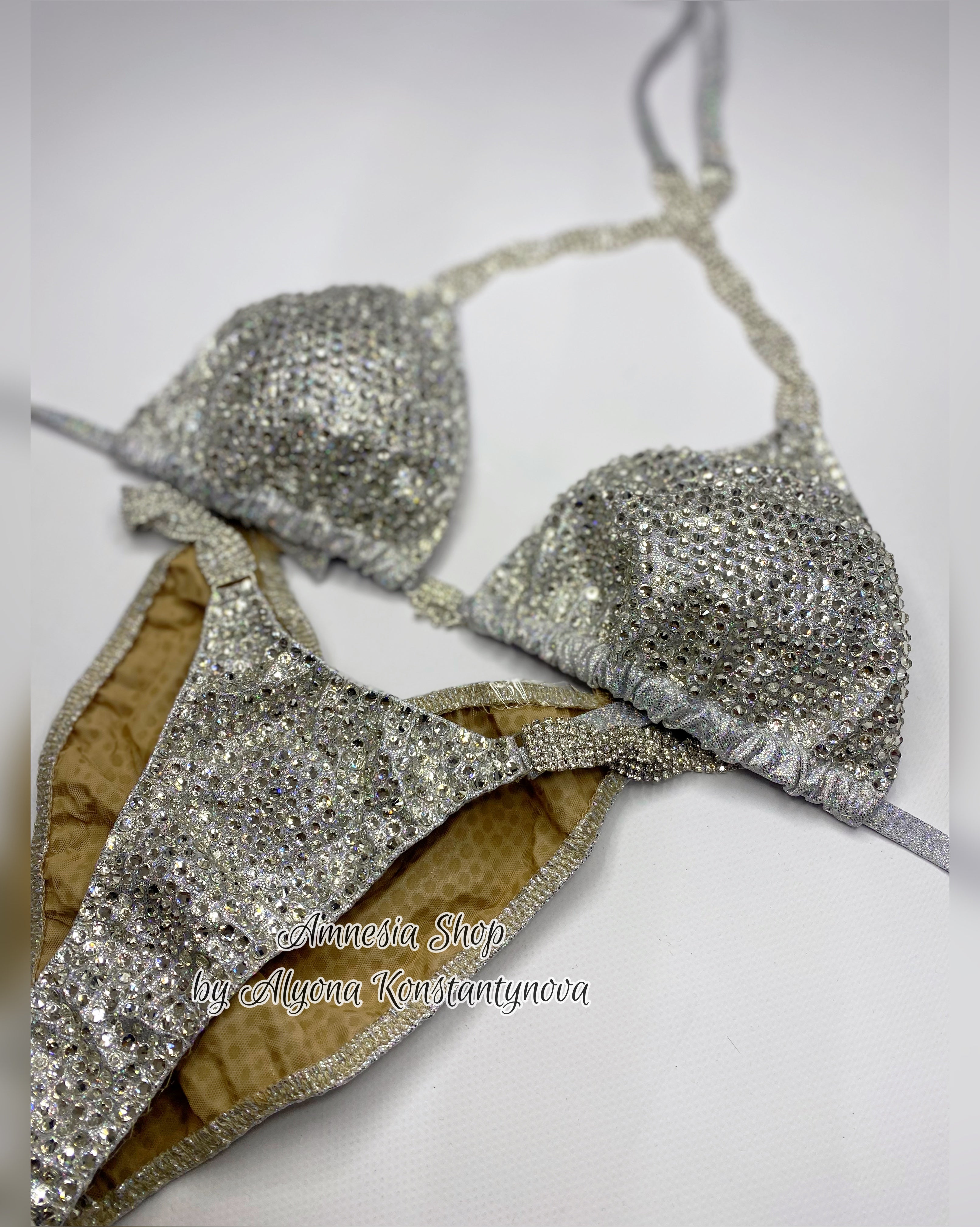 White Glitter Fitness Bikini - Competition Bikini Set - Figure Fitness - NPC - IFBB - Velvet Figure Competition Suit - Posing Suit - Wellness Bikini