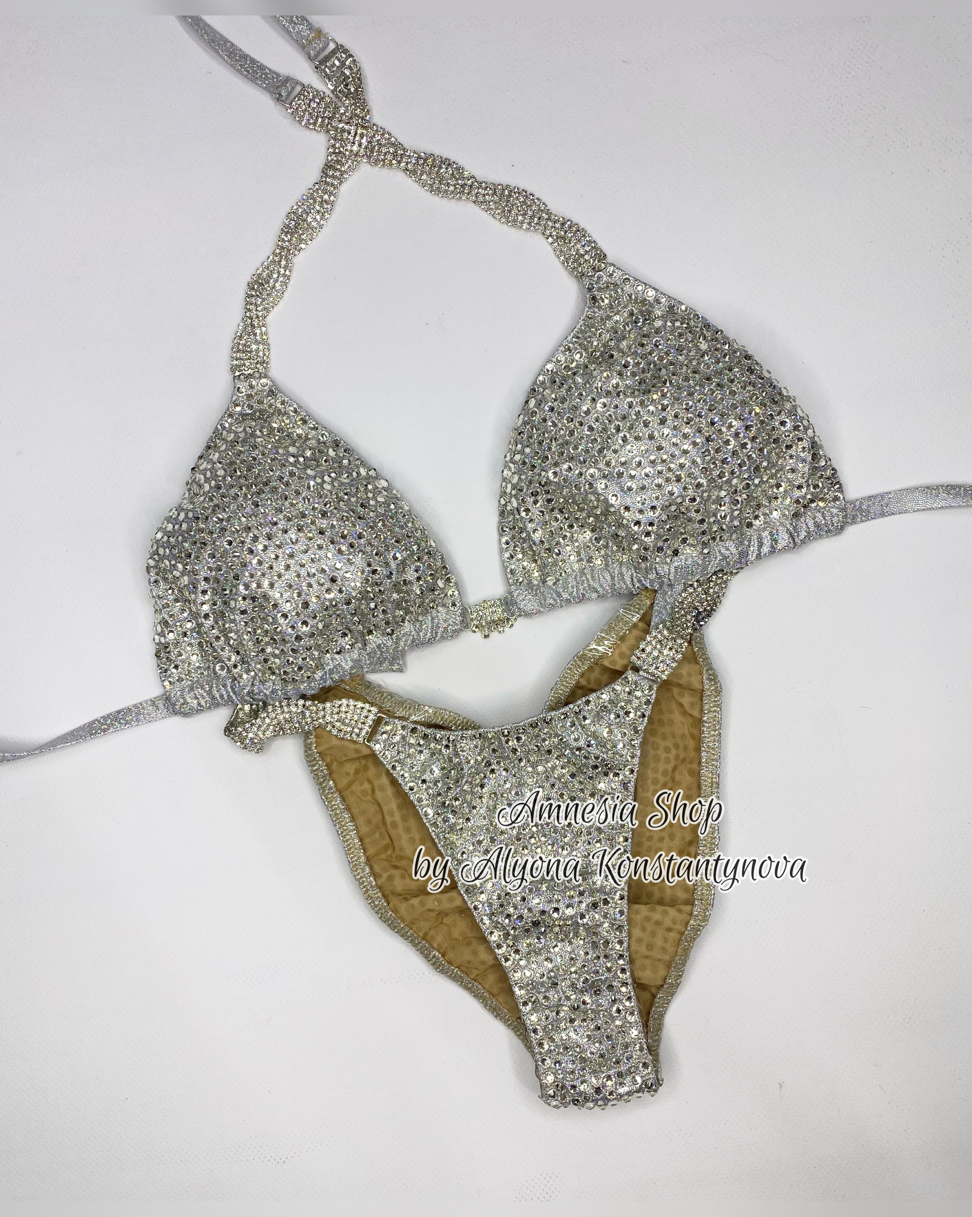 White Glitter Fitness Bikini - Competition Bikini Set - Figure Fitness - NPC - IFBB - Velvet Figure Competition Suit - Posing Suit - Wellness Bikini
