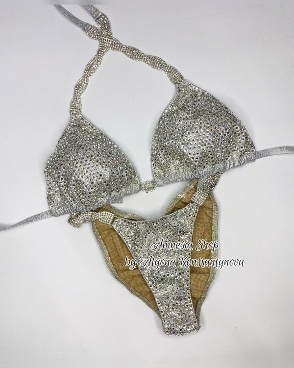 White Glitter Fitness Bikini - Competition Bikini Set - Figure Fitness - NPC - IFBB - Velvet Figure Competition Suit - Posing Suit - Wellness Bikini