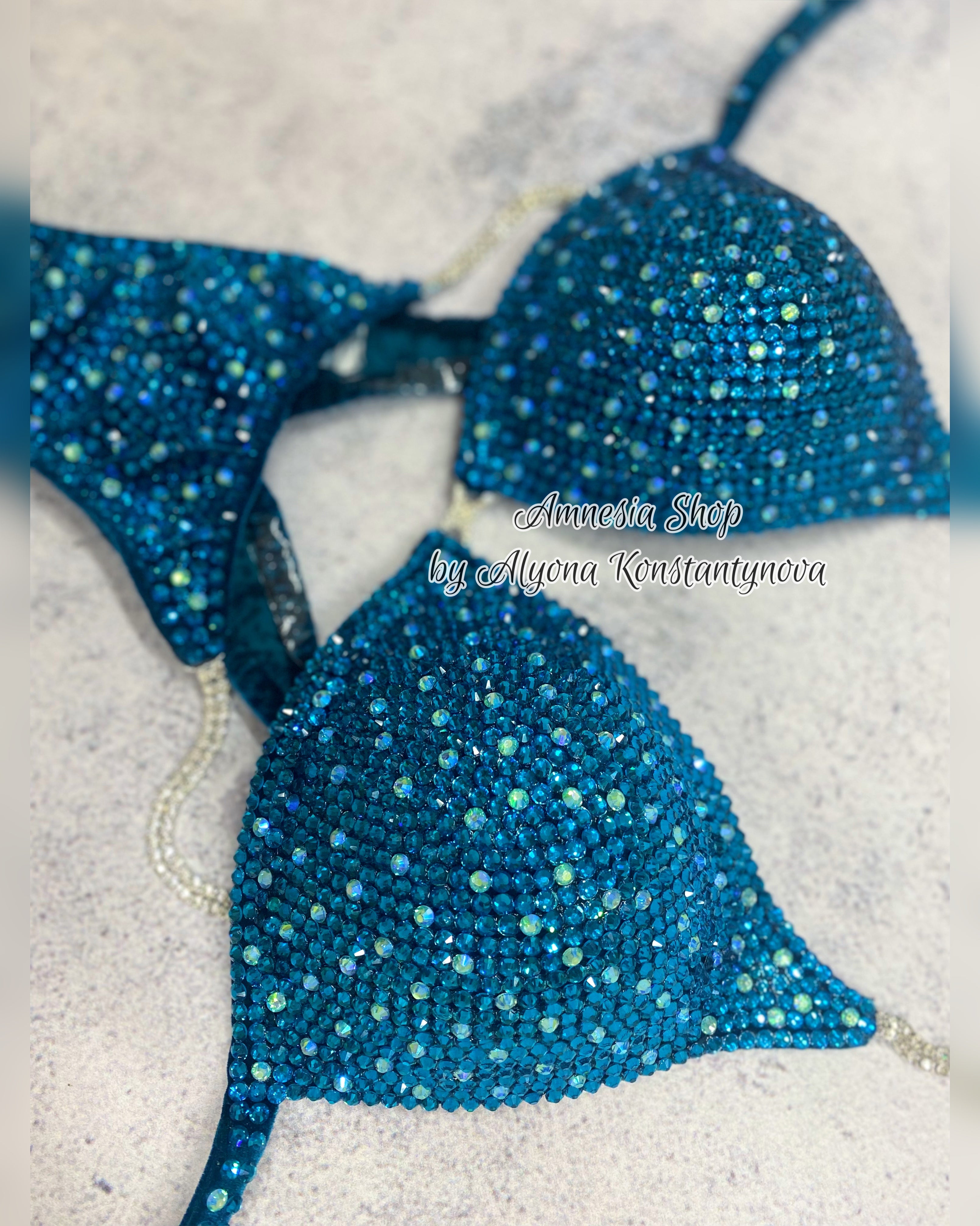 Sea Wave Competition Bikini Set - Rhinestone Fitness - NPC - IFBB - WBFF - Wellness - Figure Competition Suit - Posing Suit - Swarovski Bodybuilding