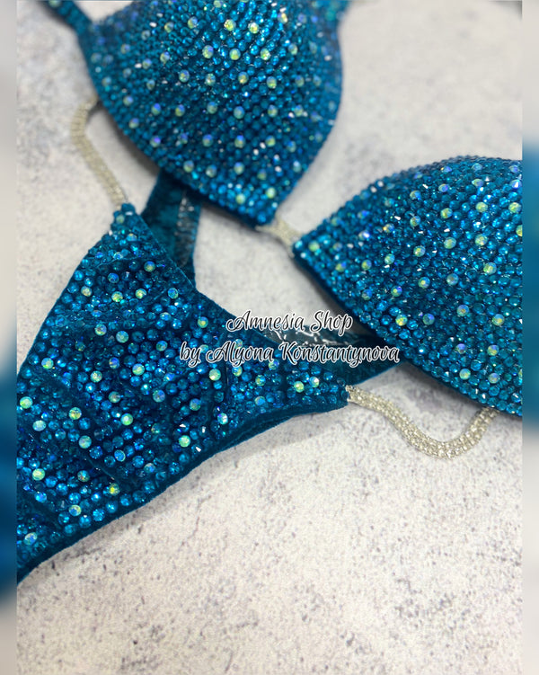 Sea Wave Competition Bikini Set - Rhinestone Fitness - NPC - IFBB - WBFF - Wellness - Figure Competition Suit - Posing Suit - Swarovski Bodybuilding