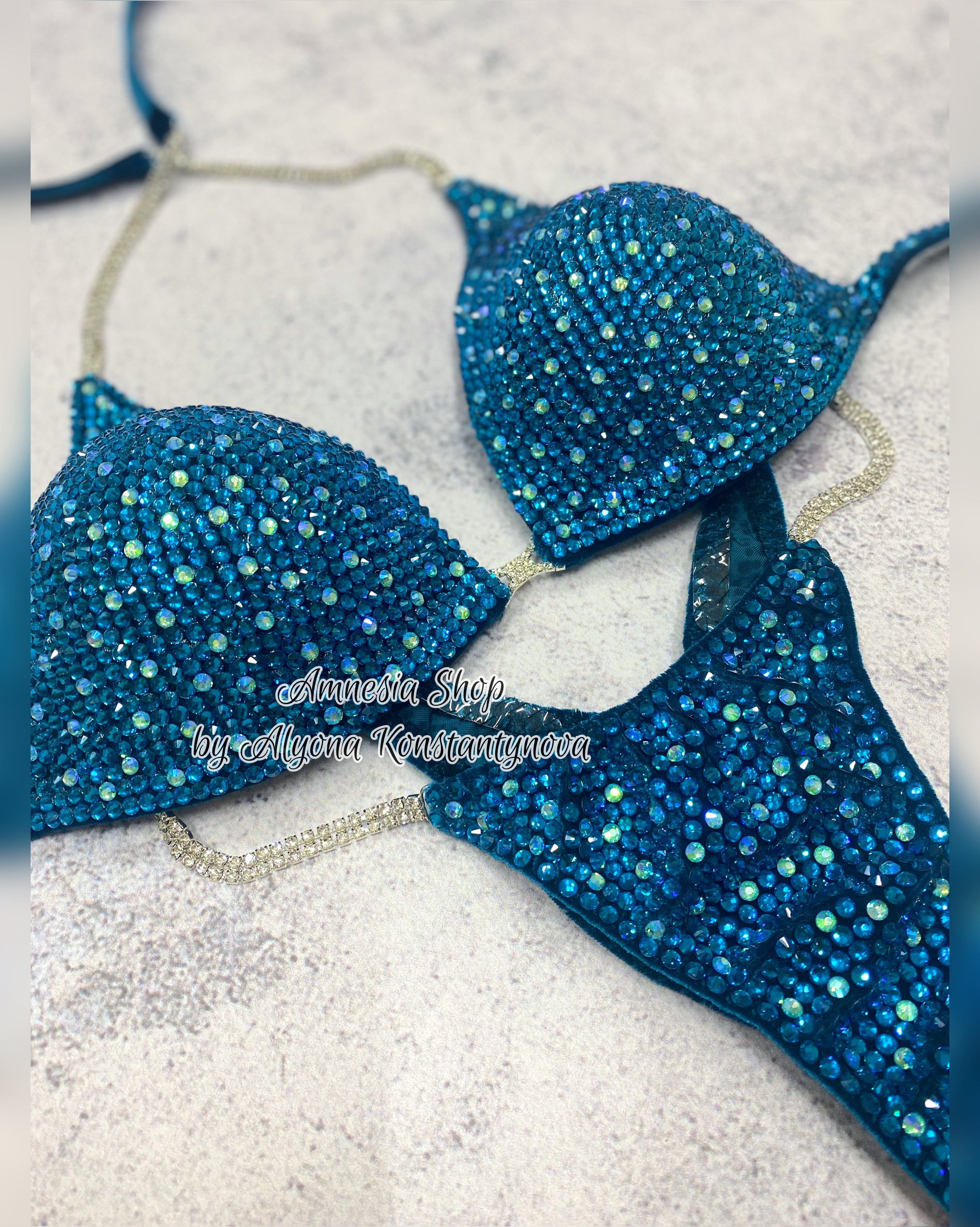 Sea Wave Competition Bikini Set - Rhinestone Fitness - NPC - IFBB - WBFF - Wellness - Figure Competition Suit - Posing Suit - Swarovski Bodybuilding