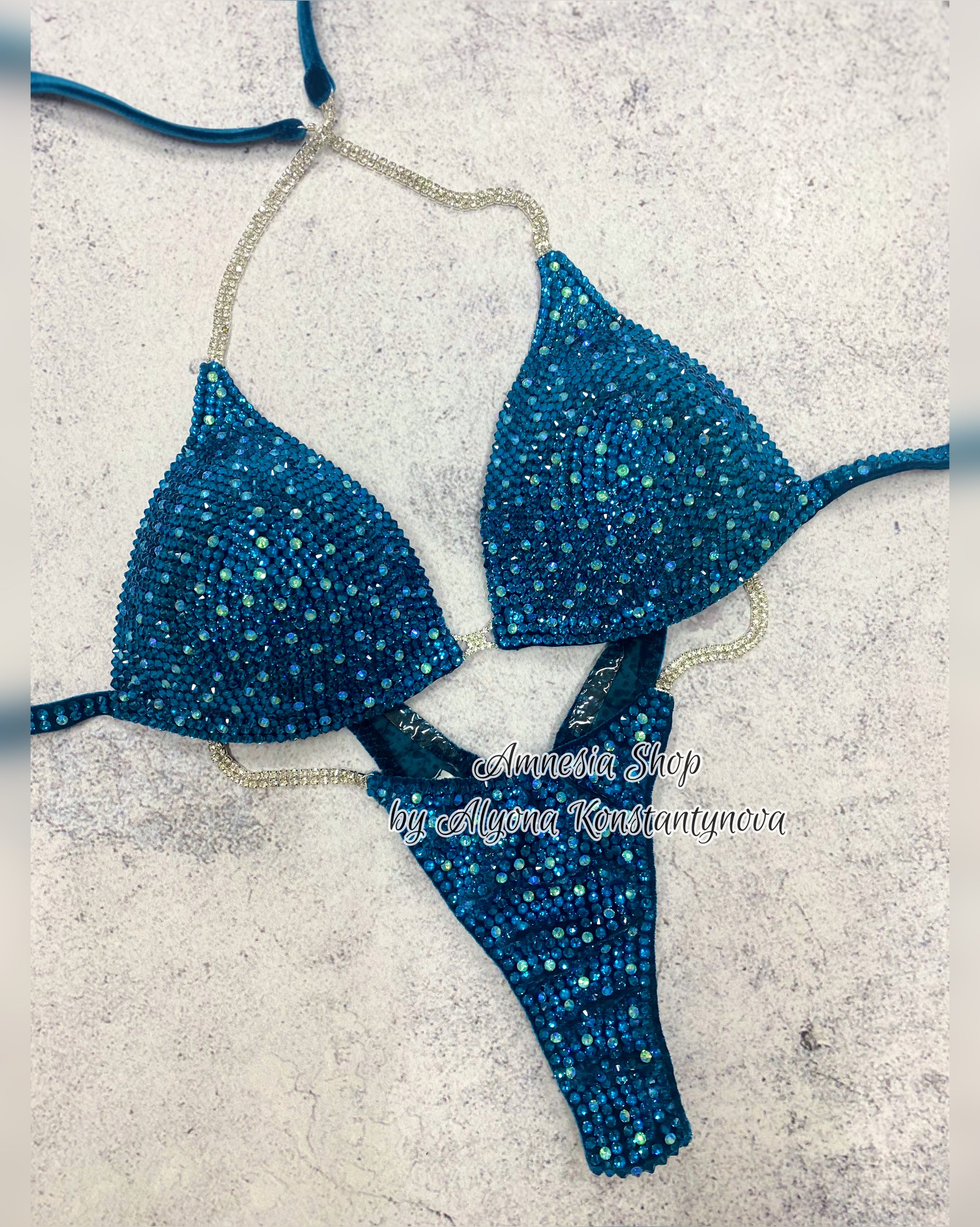 Sea Wave Competition Bikini Set - Rhinestone Fitness - NPC - IFBB - WBFF - Wellness - Figure Competition Suit - Posing Suit - Swarovski Bodybuilding