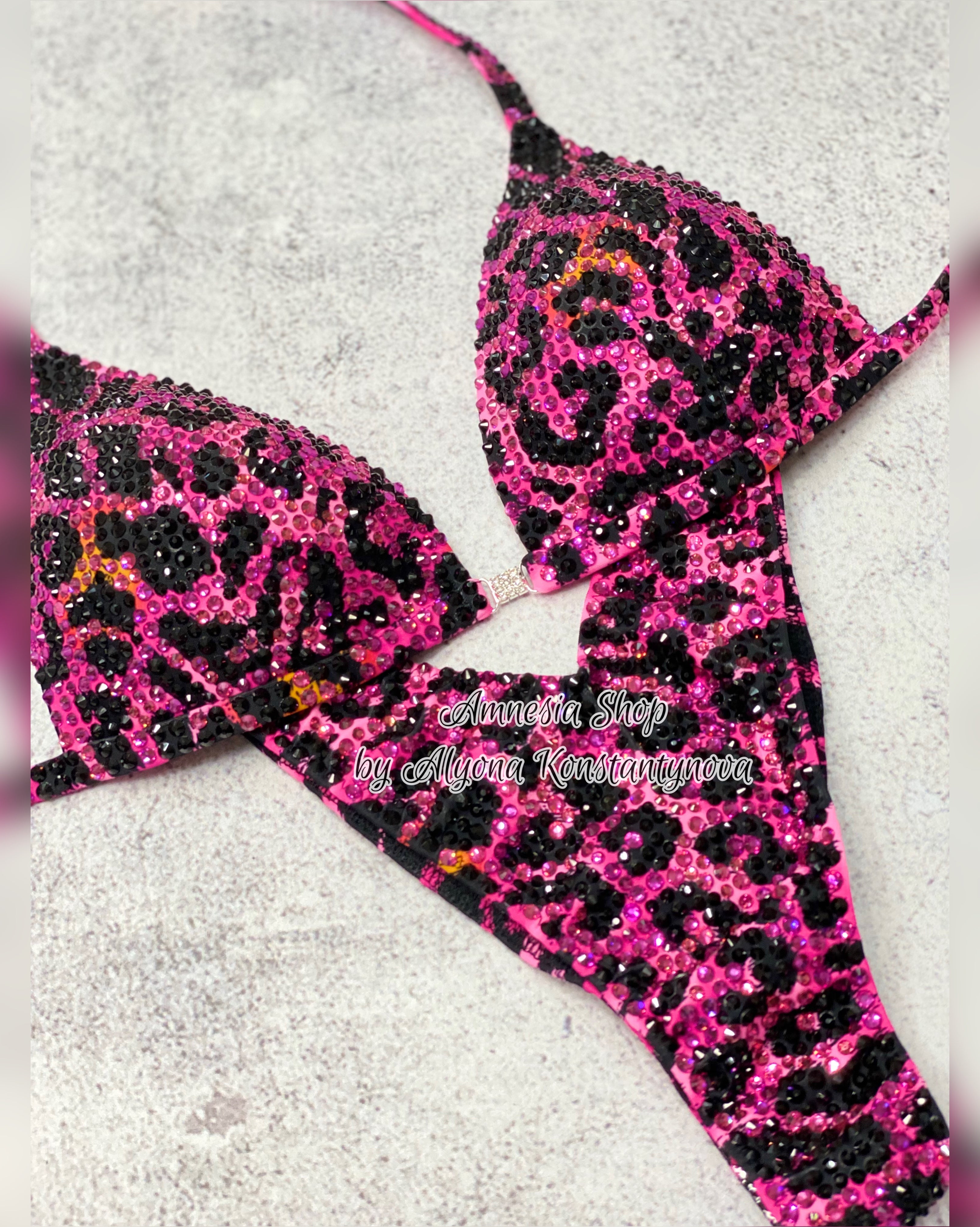 (Copy) Leopard Pink Competition Bikini - Rhinestone Fitness - Bikini Suit - IFBB - Figure Competition Suit - Posing Suit - Swarovski Bodybuilding