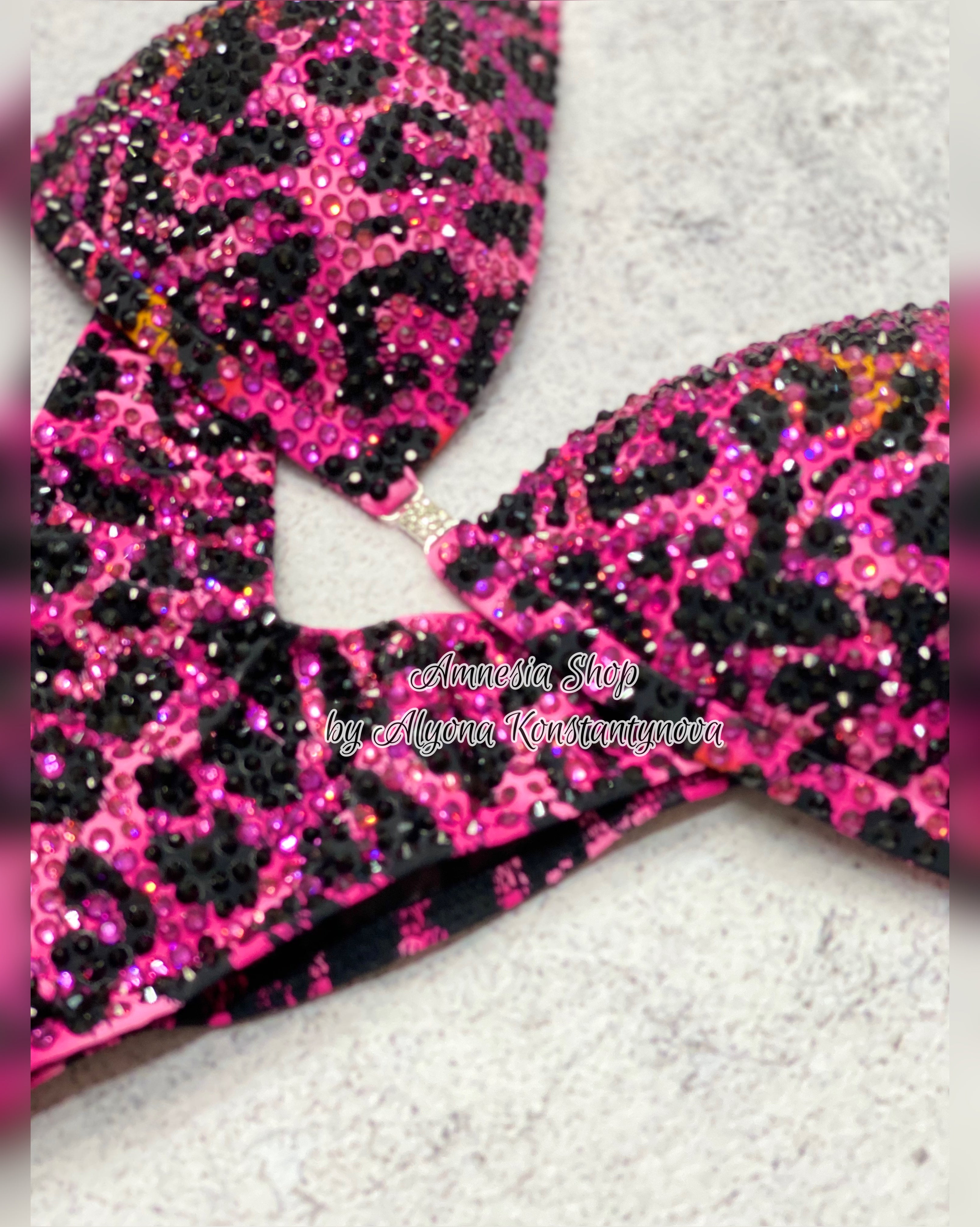 (Copy) Leopard Pink Competition Bikini - Rhinestone Fitness - Bikini Suit - IFBB - Figure Competition Suit - Posing Suit - Swarovski Bodybuilding