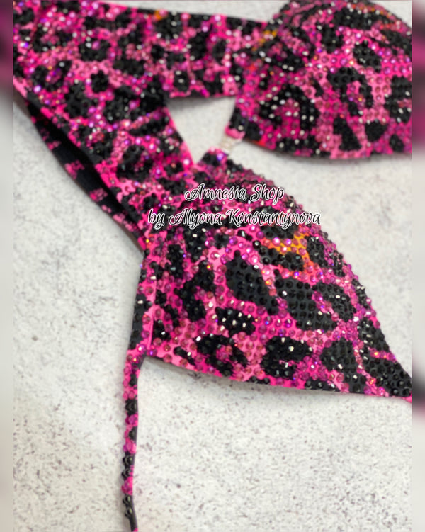 (Copy) Leopard Pink Competition Bikini - Rhinestone Fitness - Bikini Suit - IFBB - Figure Competition Suit - Posing Suit - Swarovski Bodybuilding