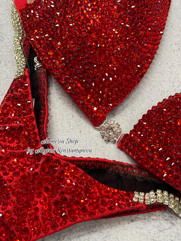 Red Competition Bikini Set - Rhinestone Fitness - NPC Bikini Suit - IFBB - Figure Competition Suit - Posing Suit - Swarovski Bodybuilding