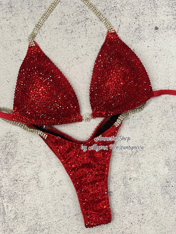 Red Competition Bikini Set - Rhinestone Fitness - NPC Bikini Suit - IFBB - Figure Competition Suit - Posing Suit - Swarovski Bodybuilding