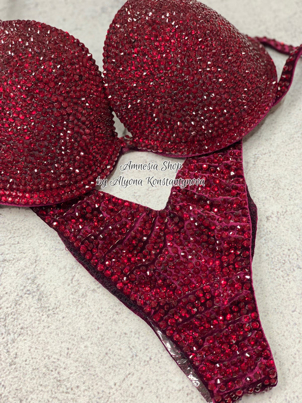 Burgundy Fitness Bikini - Bodybuilding Bikini - NPC Bikini - IFBB Competition Bikini - Crystal Competition Bikini Suit - Sexy Set - Fitness Suit (Copy)
