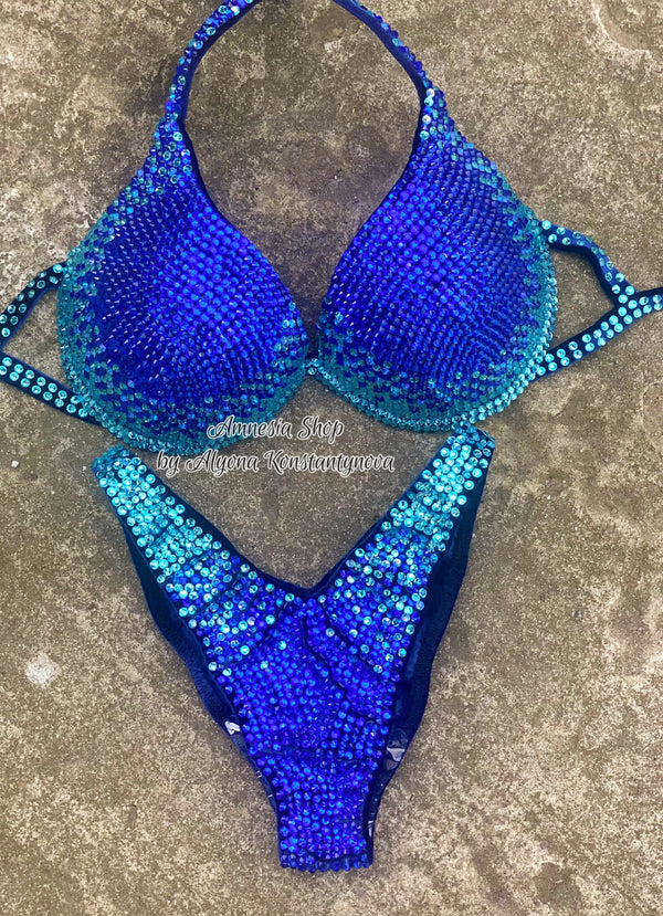 Fitness Bikini - Blue Competition Bikini Set - Rhinestone Fitness - Figure Suit - IFBB - WBFF - Posing Suit