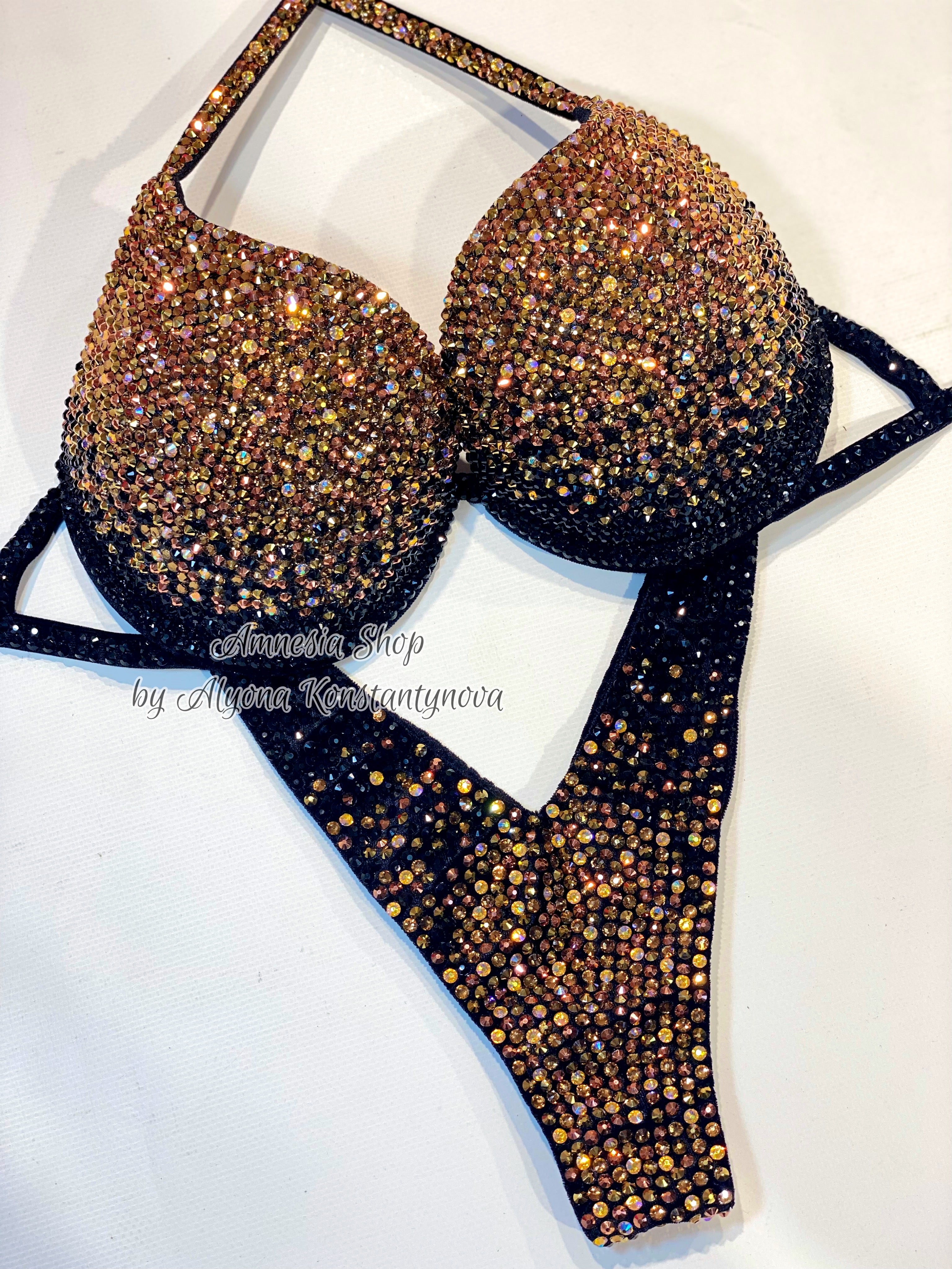 Gold Competition Bikini Set - Rhinestone Fitness - IFBB - WBFF - Figure Competition Suit - Posing Suit - Swarosvki Rhinestones Bodybuilding