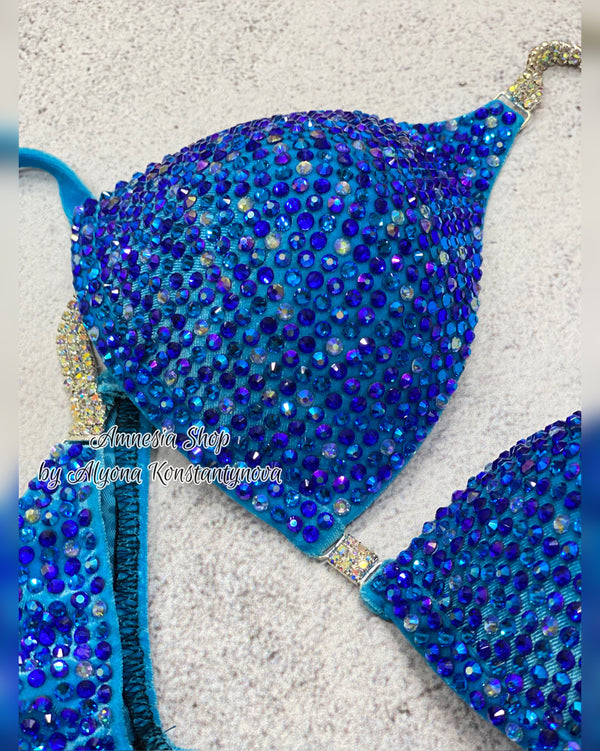 Blue Competition Bikini Set - Rhinestone Fitness - NPC - IFBB - WBFF - Figure Competition Suit - Posing Suit - Sw Bodybuilding