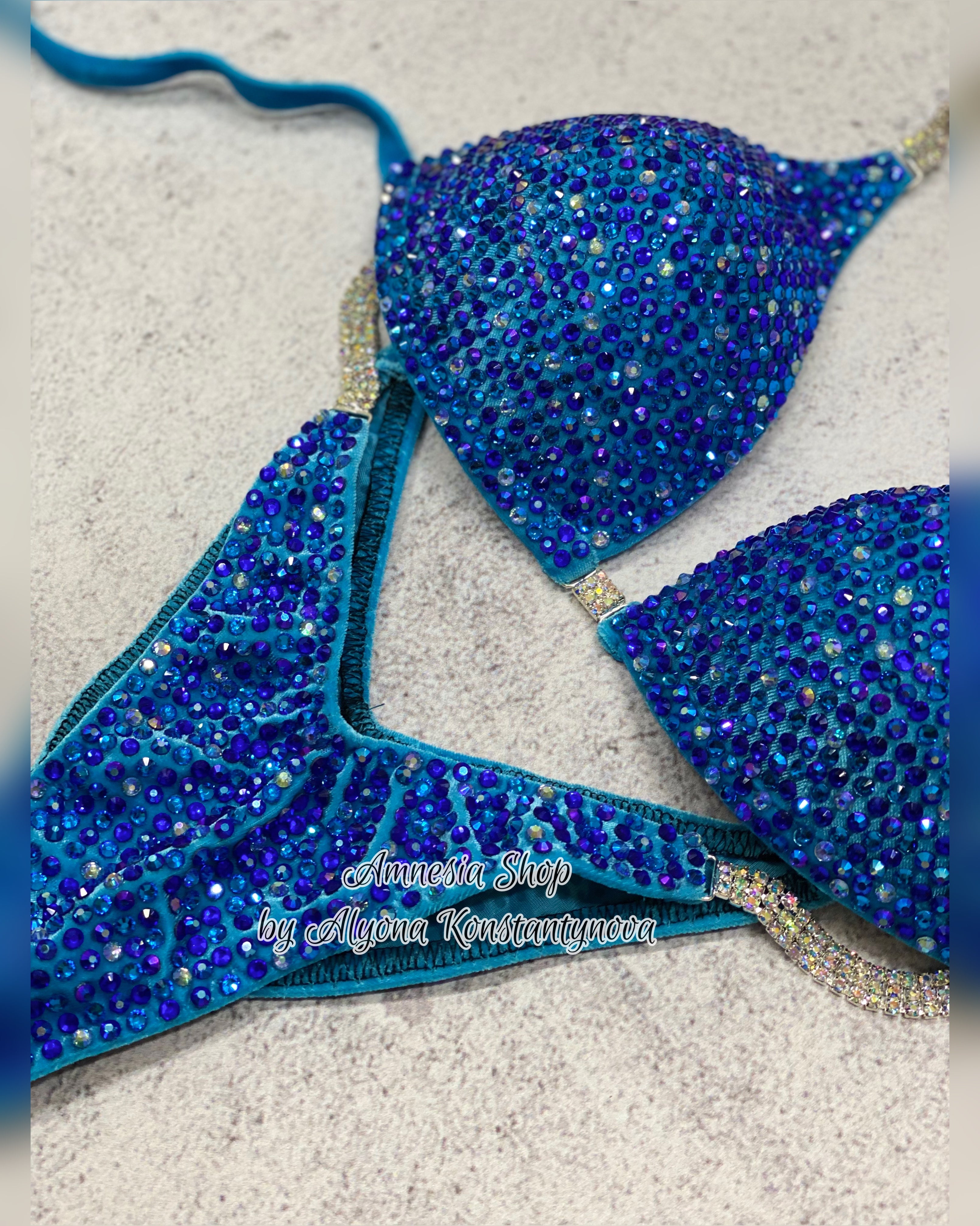Blue Competition Bikini Set - Rhinestone Fitness - NPC - IFBB - WBFF - Figure Competition Suit - Posing Suit - Sw Bodybuilding