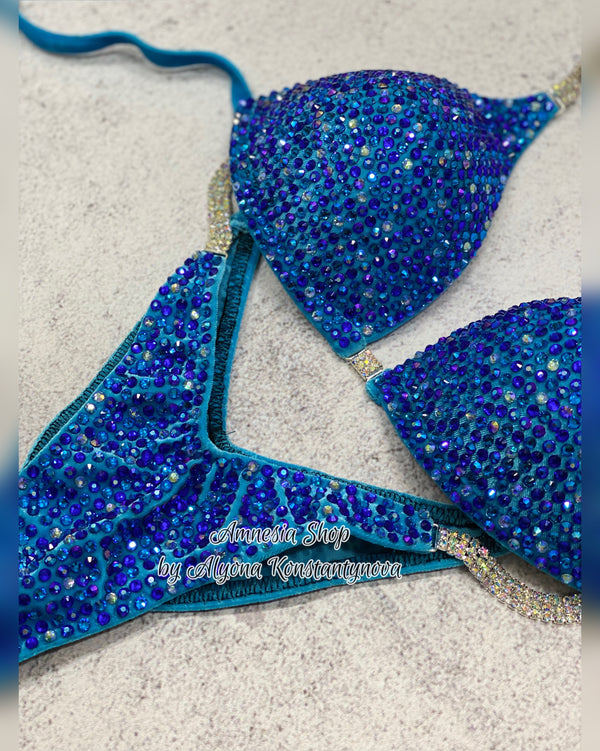 Blue Competition Bikini Set - Rhinestone Fitness - NPC - IFBB - WBFF - Figure Competition Suit - Posing Suit - Sw Bodybuilding