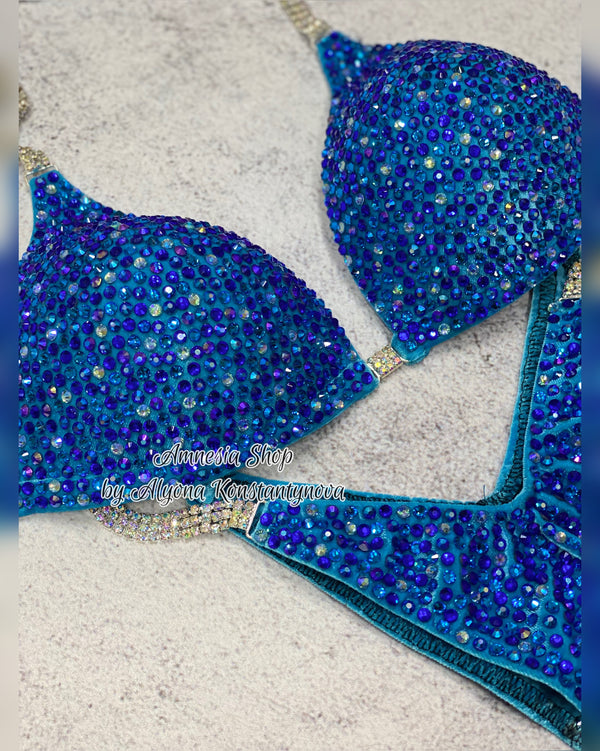 Blue Competition Bikini Set - Rhinestone Fitness - NPC - IFBB - WBFF - Figure Competition Suit - Posing Suit - Sw Bodybuilding