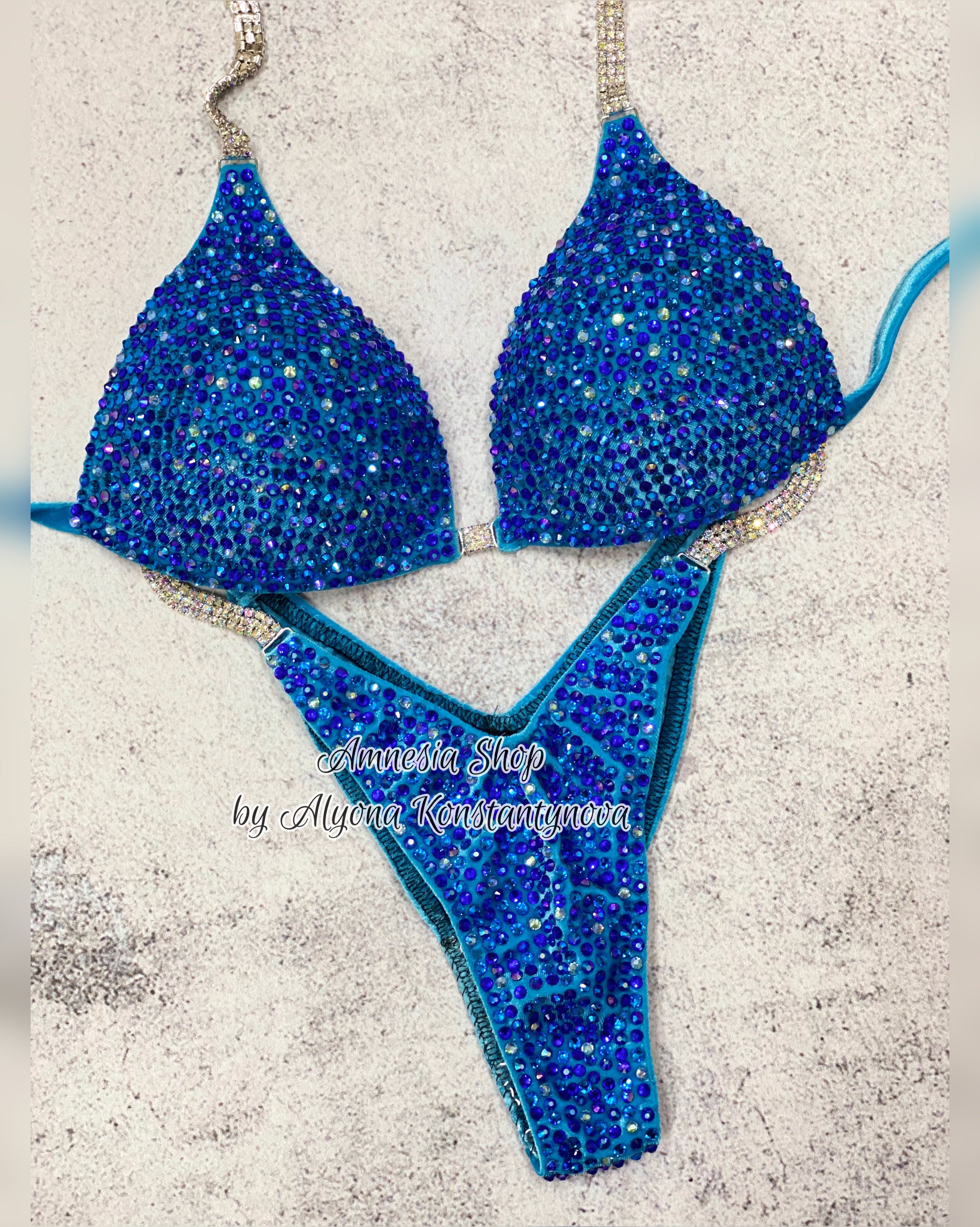 Blue Competition Bikini Set - Rhinestone Fitness - NPC - IFBB - WBFF - Figure Competition Suit - Posing Suit - Sw Bodybuilding