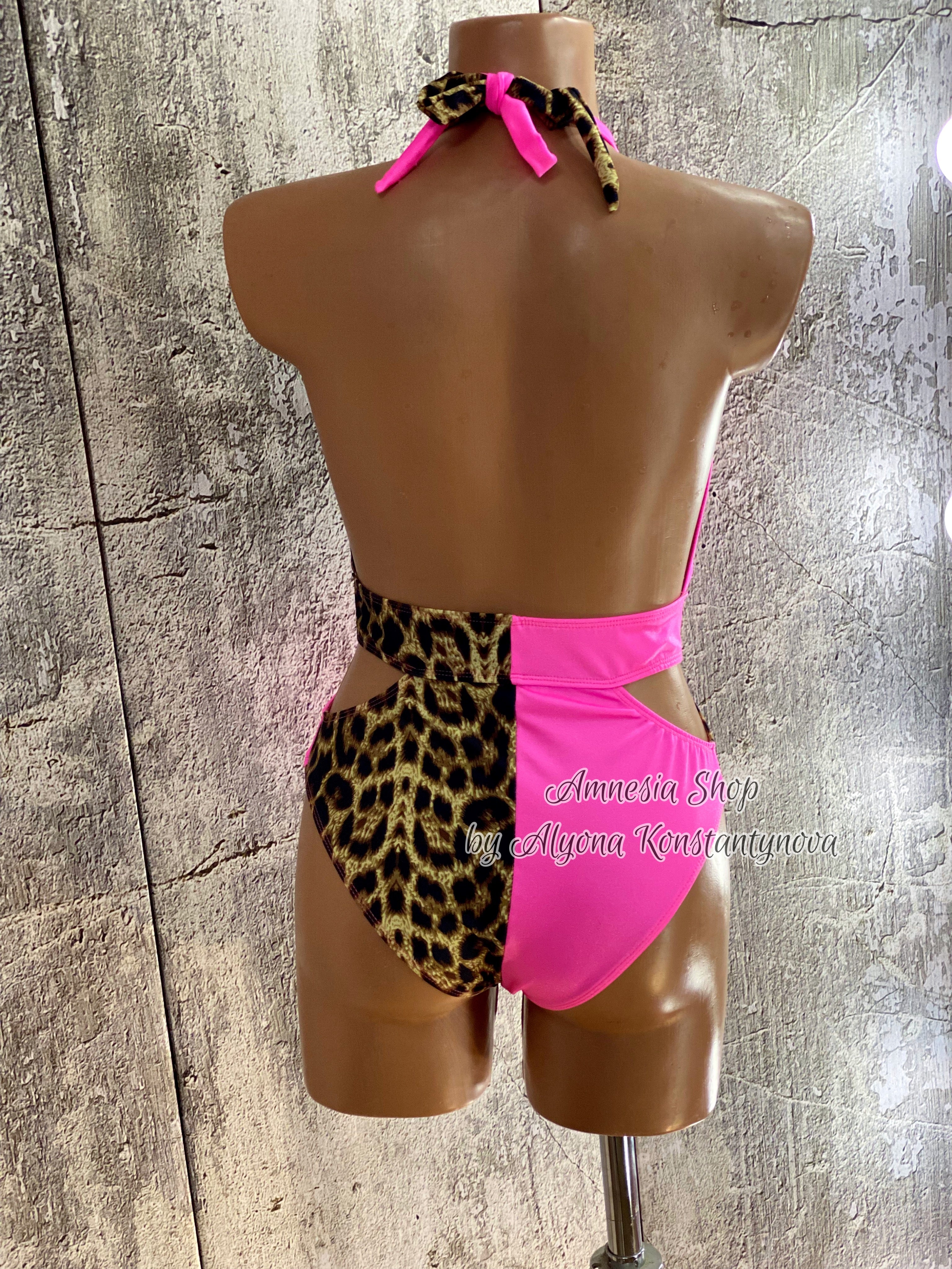 One-of-a-kind Cut-Out Monokini — Pink & Leopard Mix