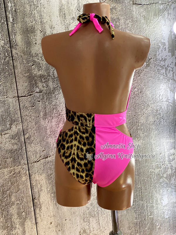 One-of-a-kind Cut-Out Monokini — Pink & Leopard Mix