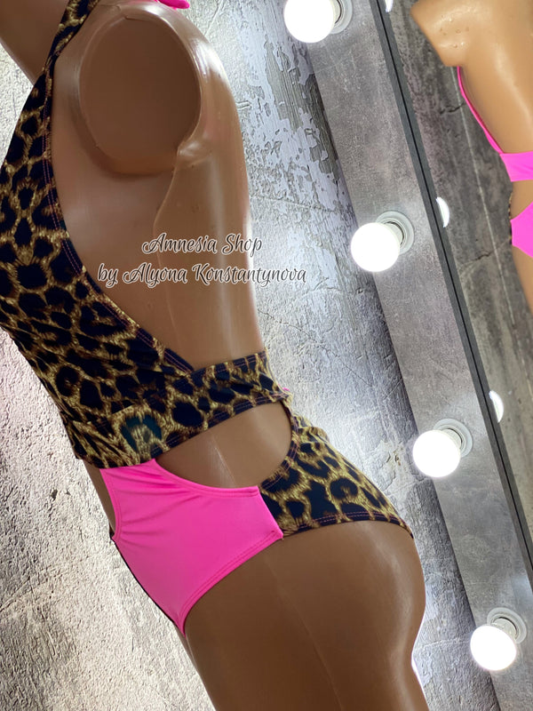 One-of-a-kind Cut-Out Monokini — Pink & Leopard Mix