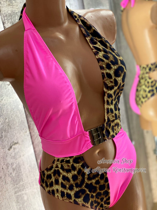 One-of-a-kind Cut-Out Monokini — Pink & Leopard Mix