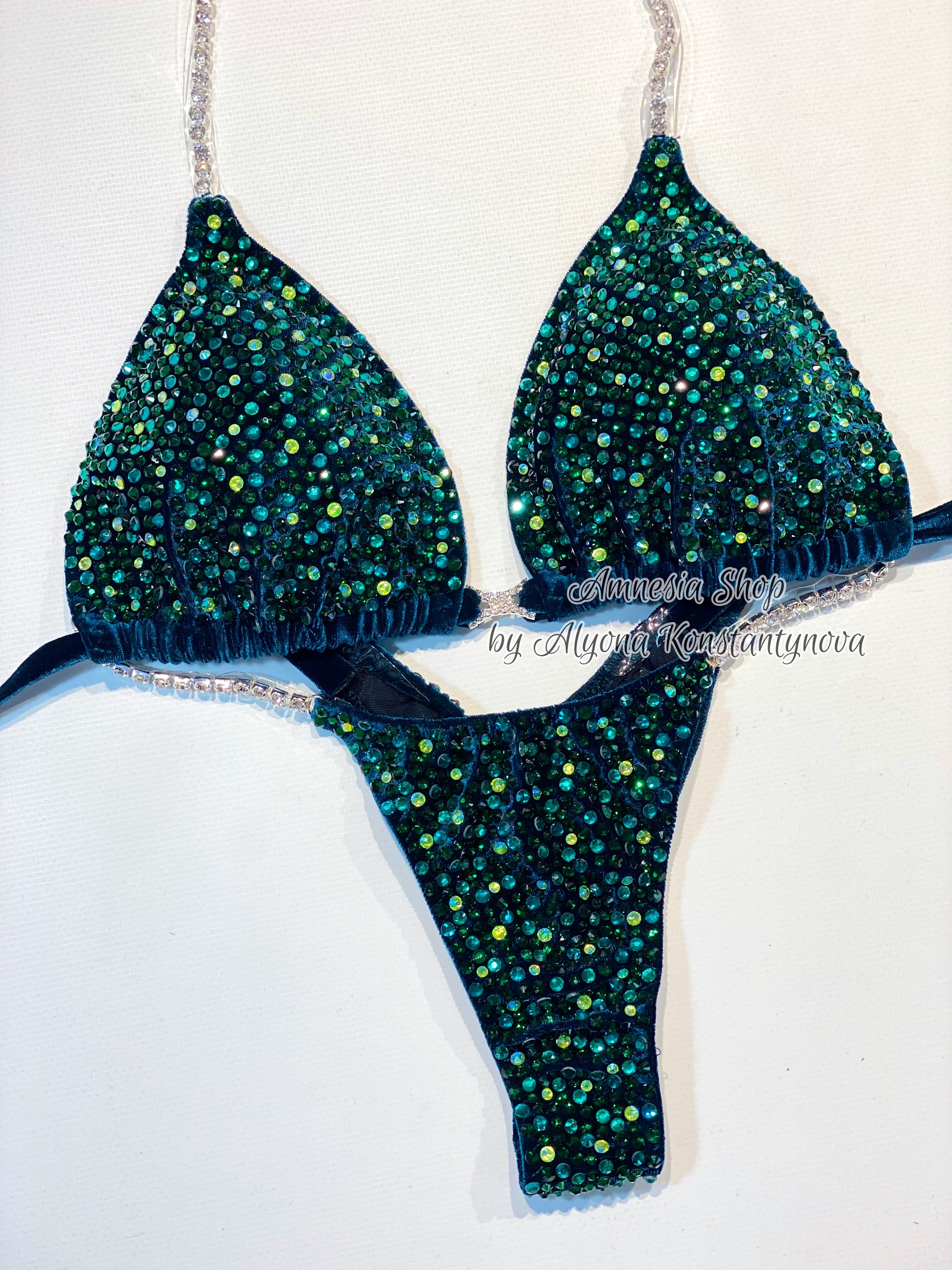 Green NPC Bikini - Competition Bikini Set - Figure Fitness - IFBB - Velvet Figure Competition Suit - Posing Suit - Wellness Bikini