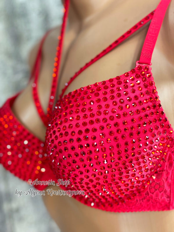 Sexy Bra, Rhinestones Bra, Red Bra, Rave Bra, Disco Bra, EDC, Luxury, Sexy Women Bra, Bustier Bra, Stripper Party Night Club, Custom Bra