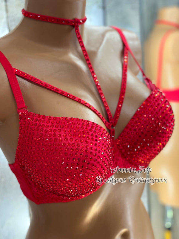 Sexy Bra, Rhinestones Bra, Red Bra, Rave Bra, Disco Bra, EDC, Luxury, Sexy Women Bra, Bustier Bra, Stripper Party Night Club, Custom Bra