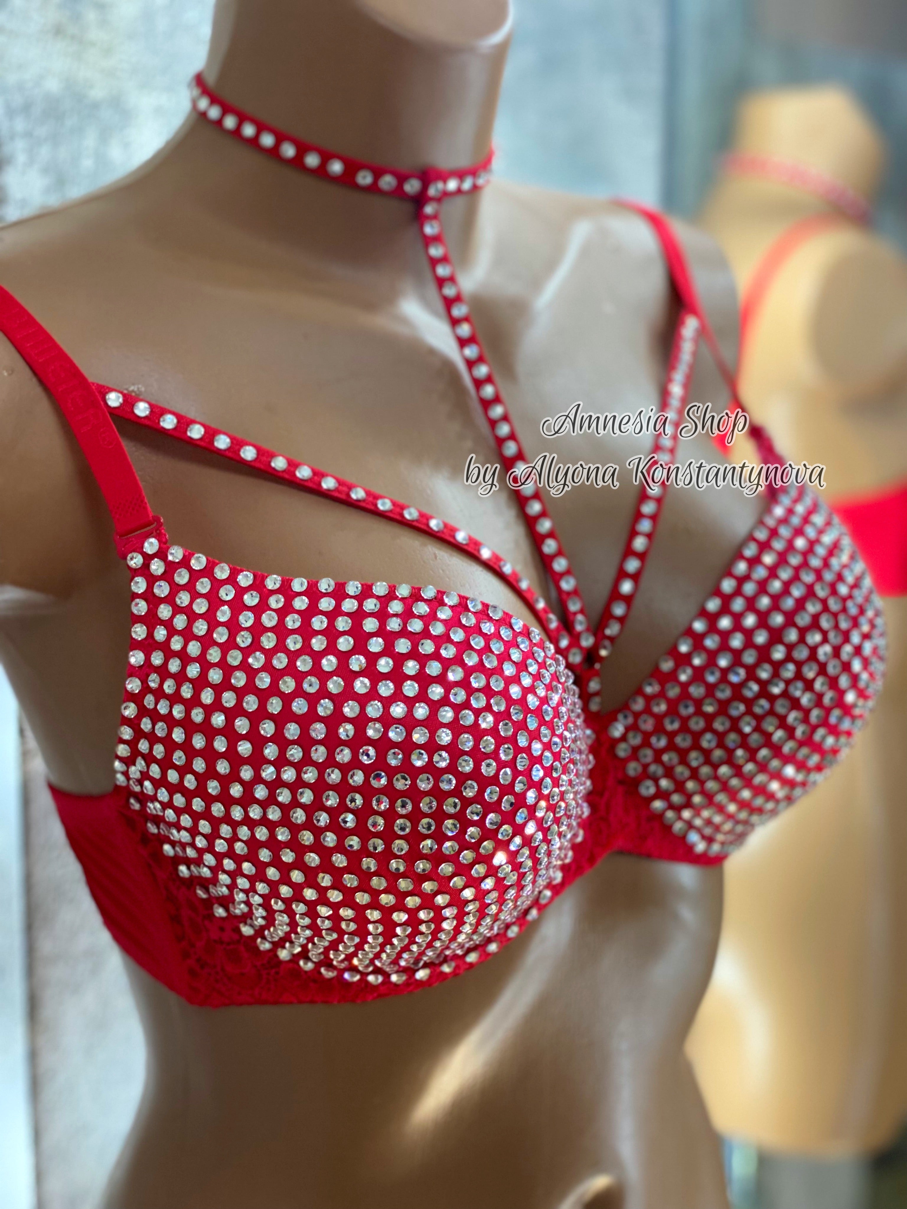 Sexy Bra, Rhinestones Bra, Red Bra, Rave Bra, Disco Bra, EDC, Luxury, Sexy Women Bra, Bustier Bra, Stripper Party Night Club, Custom Bra (Copy)