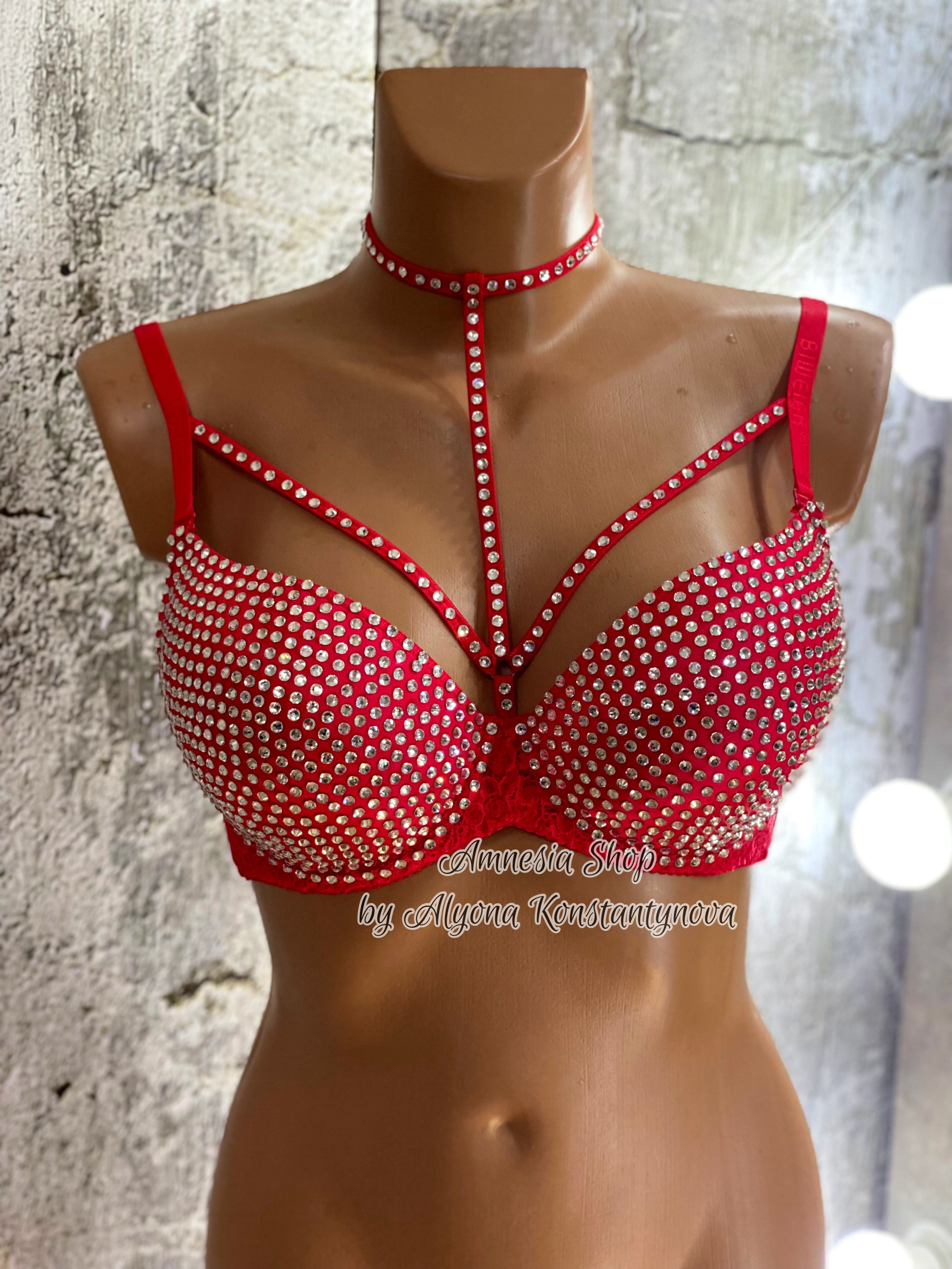 Sexy Bra, Rhinestones Bra, Red Bra, Rave Bra, Disco Bra, EDC, Luxury, Sexy Women Bra, Bustier Bra, Stripper Party Night Club, Custom Bra (Copy)