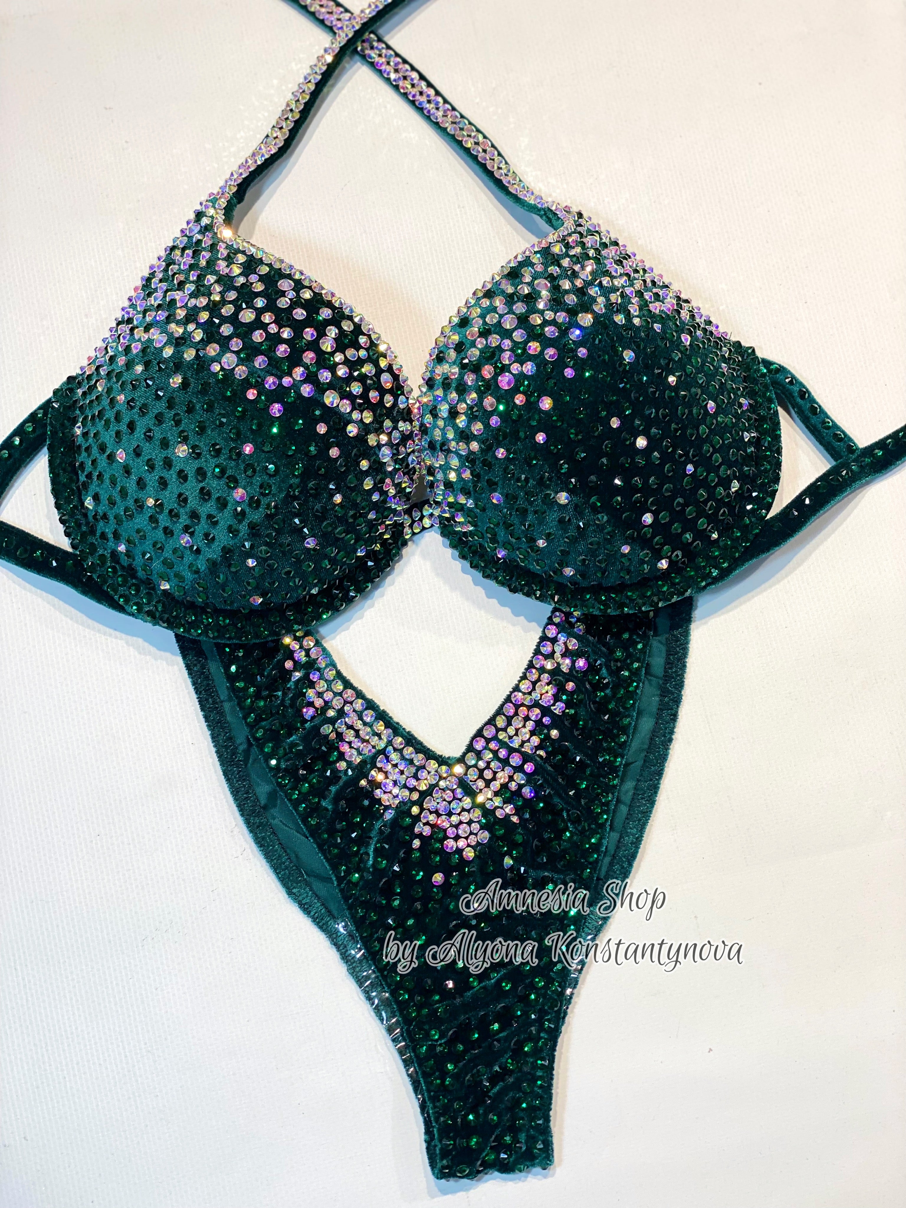 Green Fitness Bikini - IFBB Competition Bikini - Crystal Competition Bikini Suit - Posing Suit - Fitness Suit - Figure Bikini - Posing Bikini