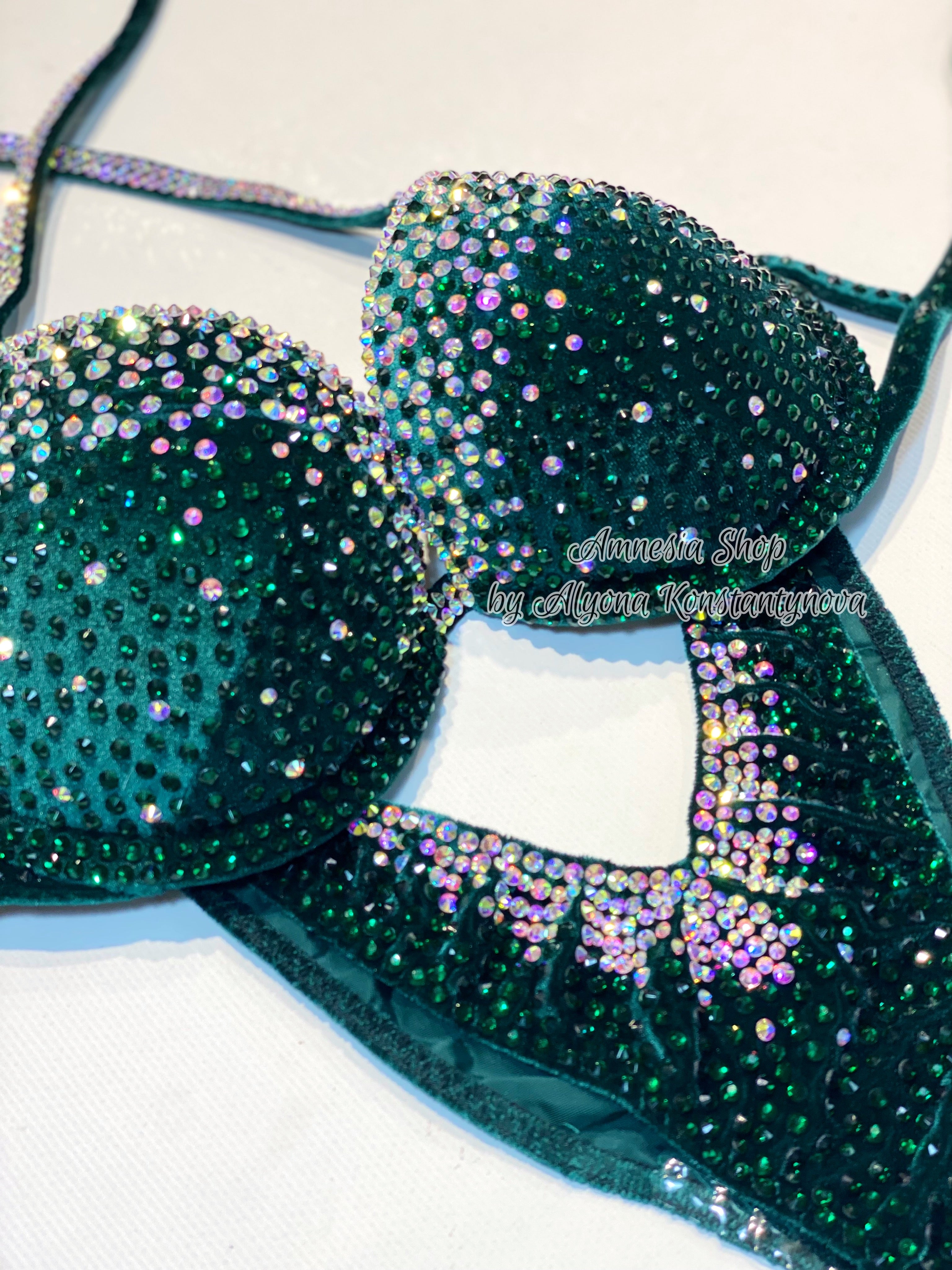 Green Fitness Bikini - IFBB Competition Bikini - Crystal Competition Bikini Suit - Posing Suit - Fitness Suit - Figure Bikini - Posing Bikini