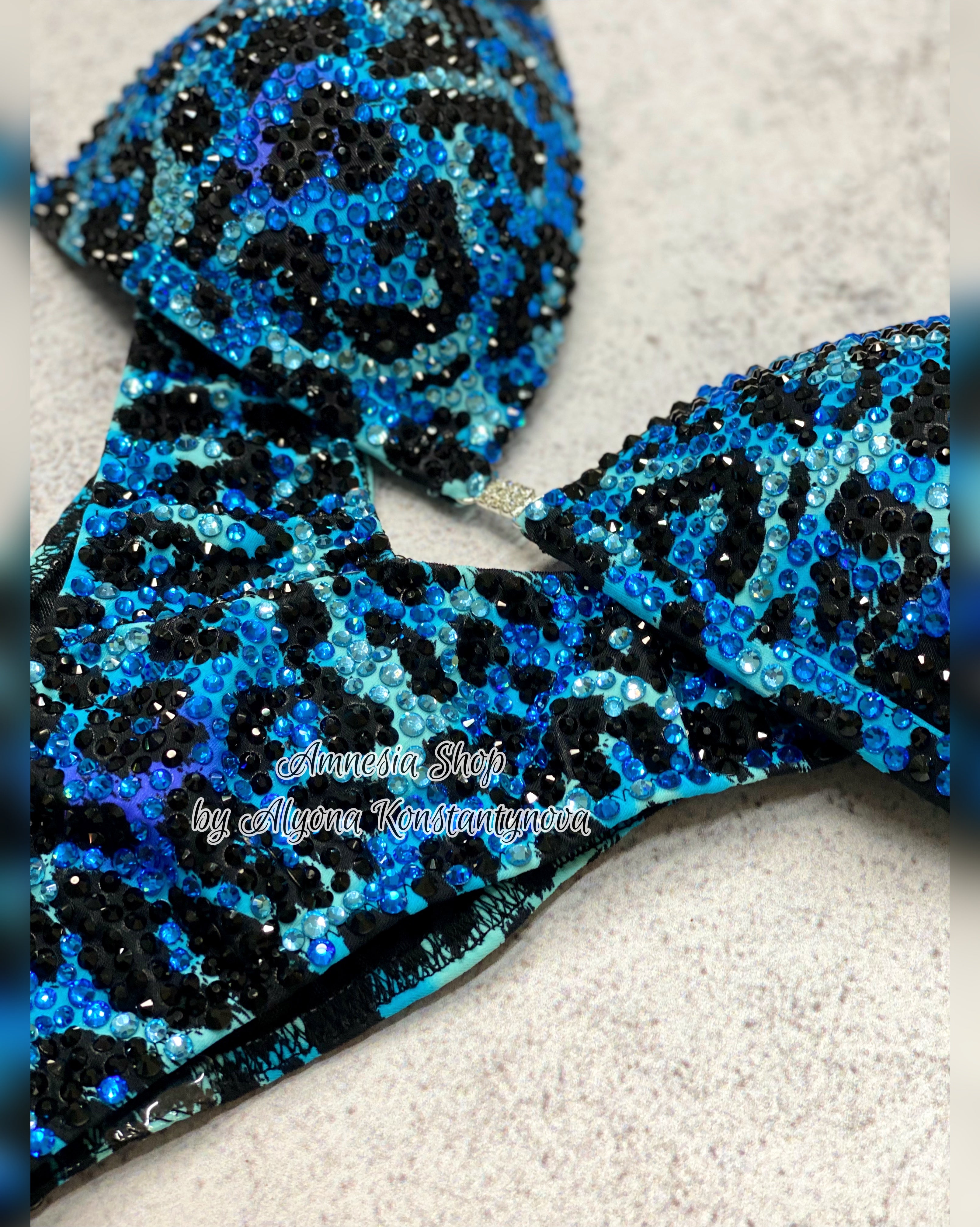 Leopard Blue Competition Bikini - Rhinestone Fitness - Bikini Suit - IFBB - Figure Competition Suit - Posing Suit