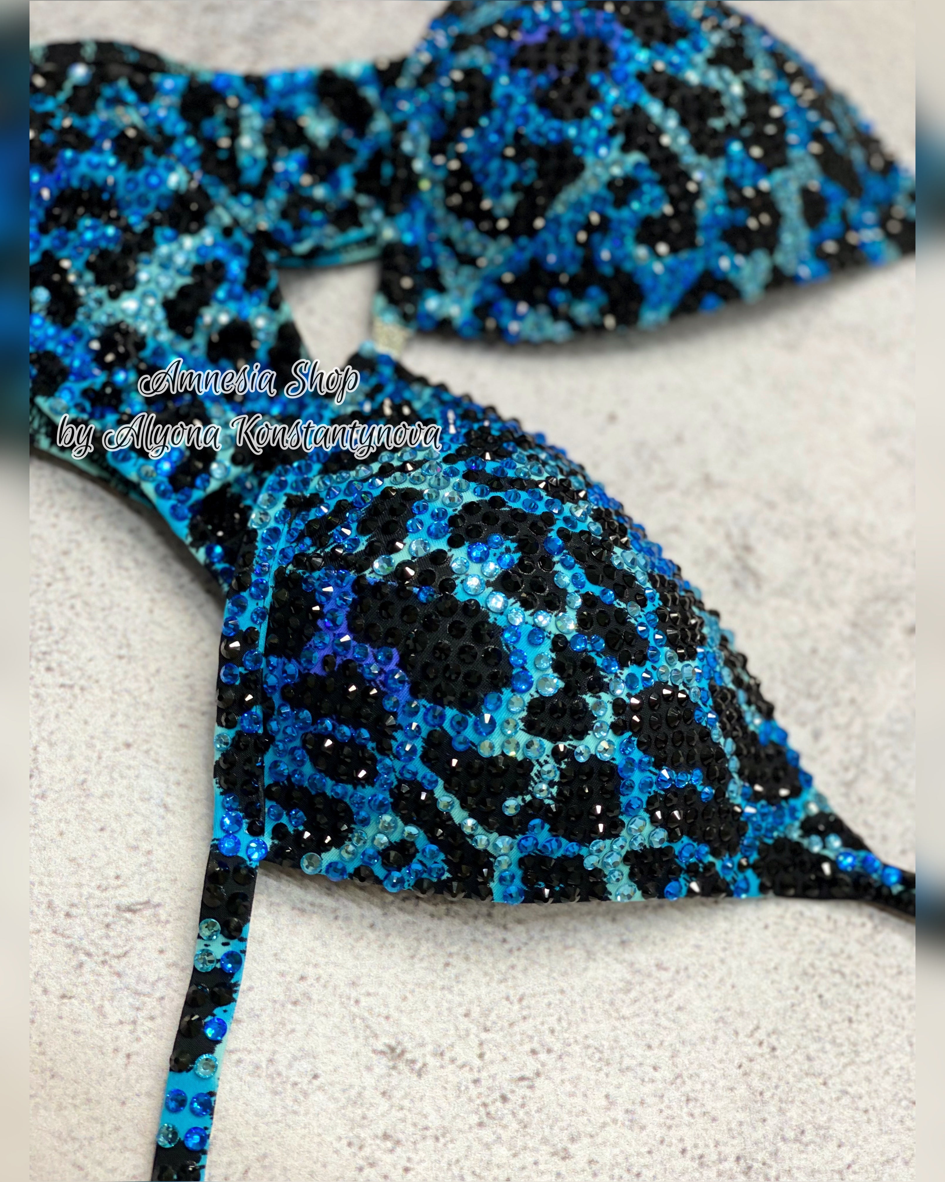 Leopard Blue Competition Bikini - Rhinestone Fitness - Bikini Suit - IFBB - Figure Competition Suit - Posing Suit