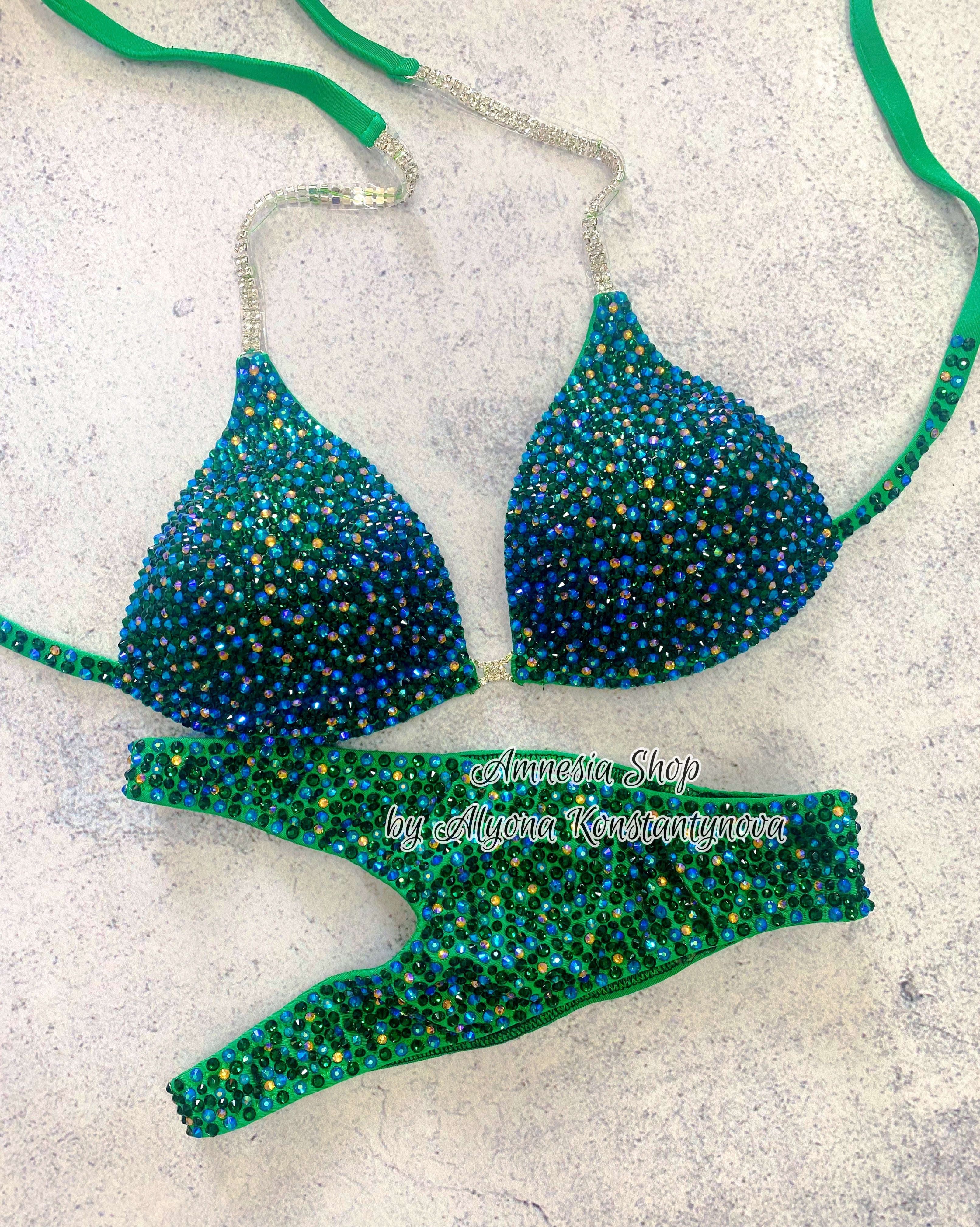 Green Competition Bikini Set - Rhinestone Fitness - NPC - IFBB - WBFF - Wellness - Figure Competition Suit - Posing Suit - Swarovski Bodybuilding