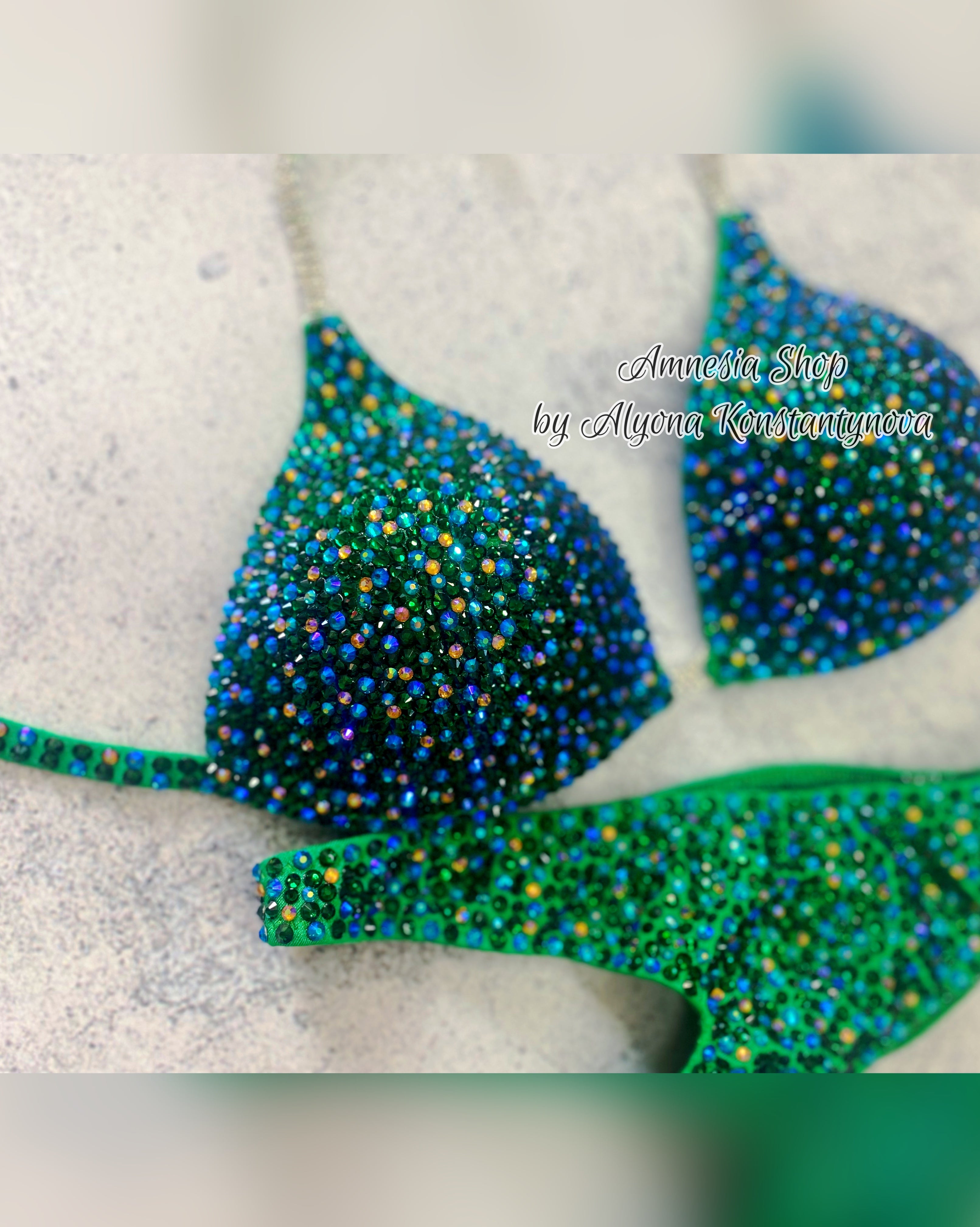 Green Competition Bikini Set - Rhinestone Fitness - NPC - IFBB - WBFF - Wellness - Figure Competition Suit - Posing Suit - Swarovski Bodybuilding