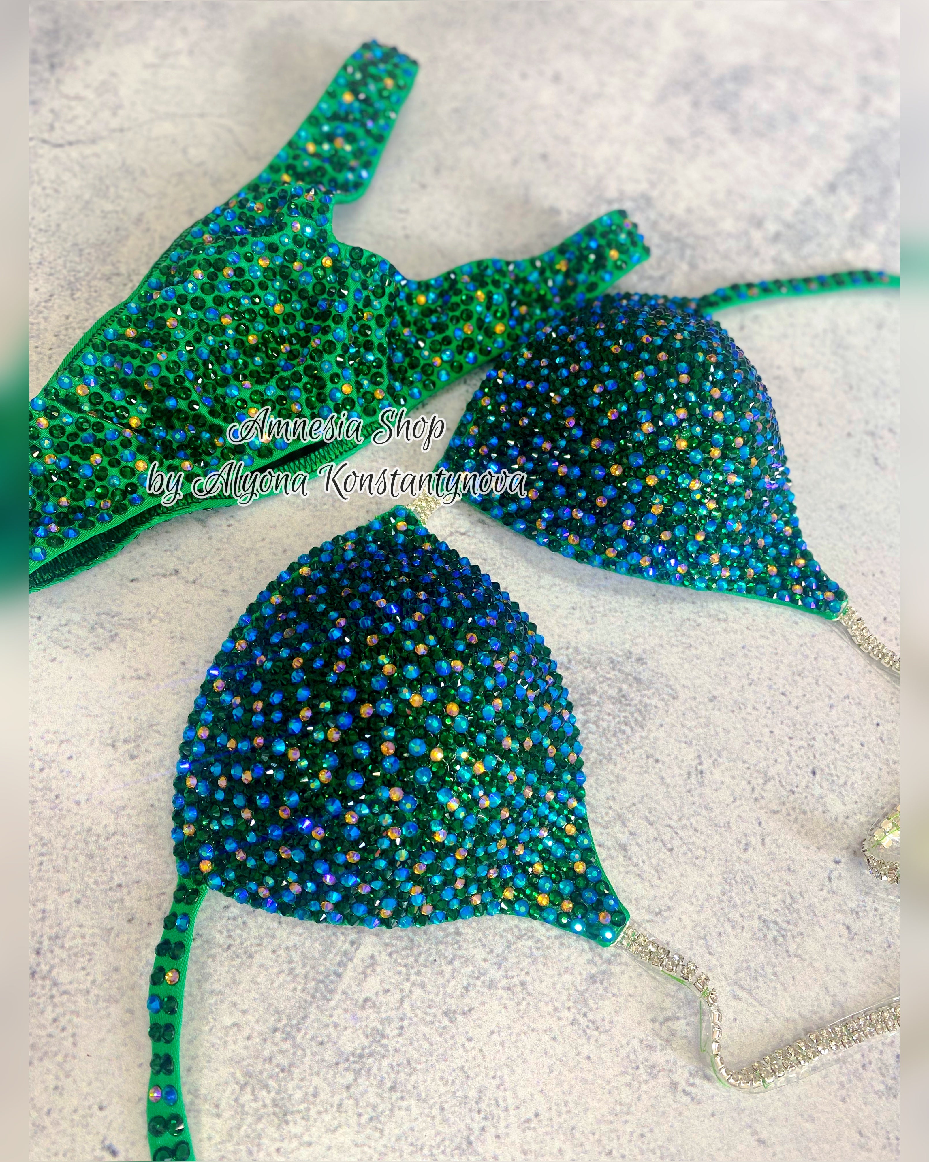 Green Competition Bikini Set - Rhinestone Fitness - NPC - IFBB - WBFF - Wellness - Figure Competition Suit - Posing Suit - Swarovski Bodybuilding
