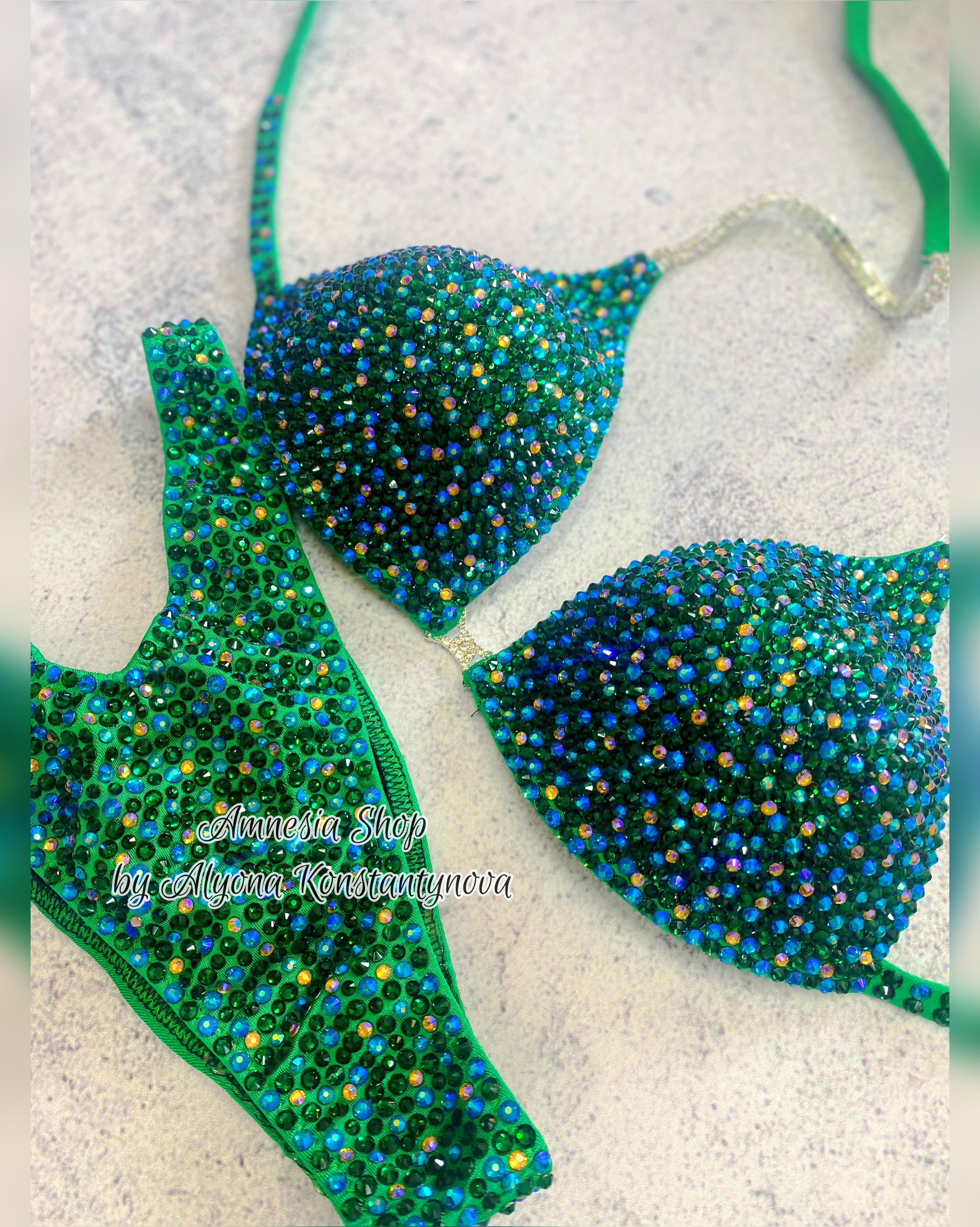 Green Competition Bikini Set - Rhinestone Fitness - NPC - IFBB - WBFF - Wellness - Figure Competition Suit - Posing Suit - Swarovski Bodybuilding