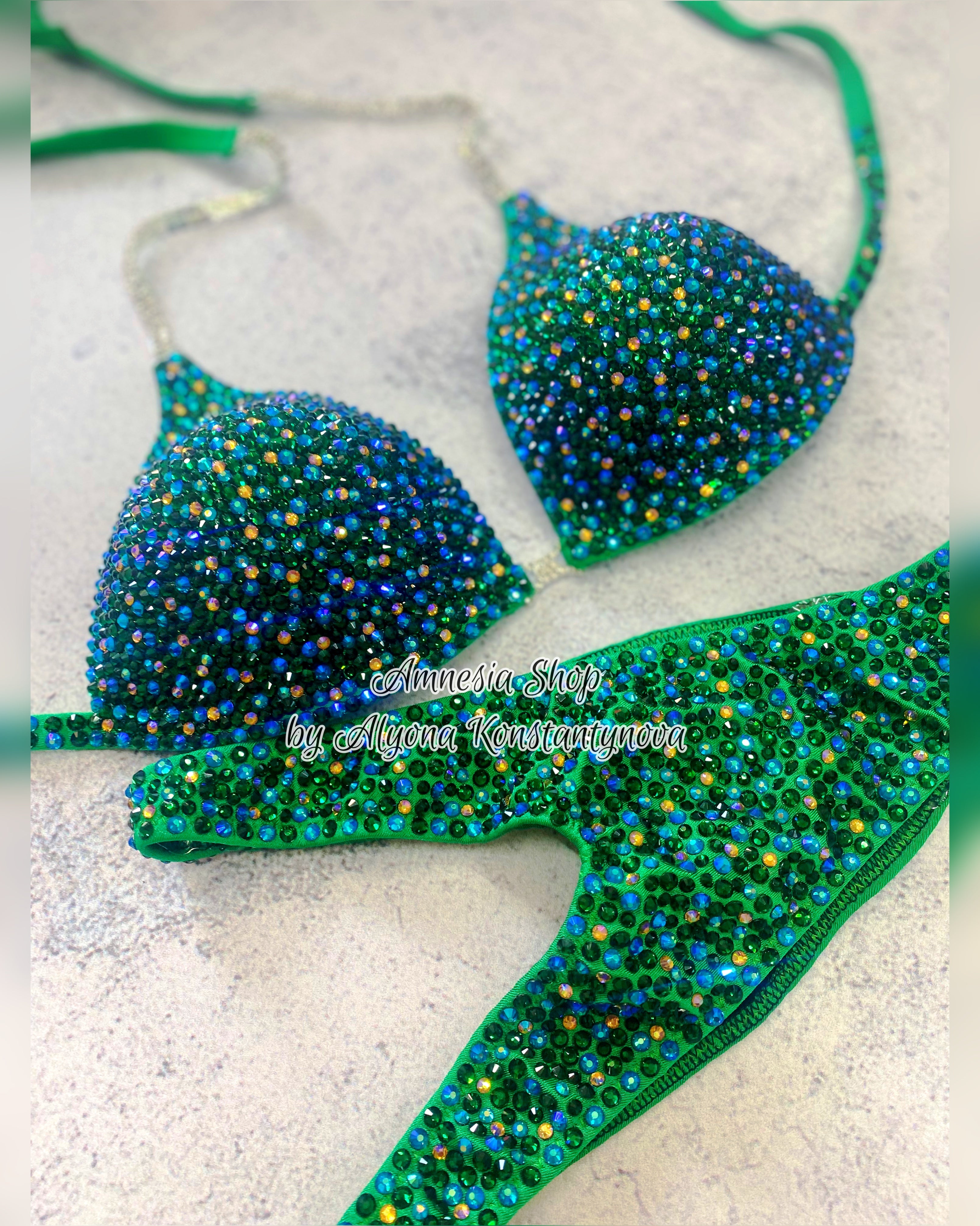 Green Competition Bikini Set - Rhinestone Fitness - NPC - IFBB - WBFF - Wellness - Figure Competition Suit - Posing Suit - Swarovski Bodybuilding