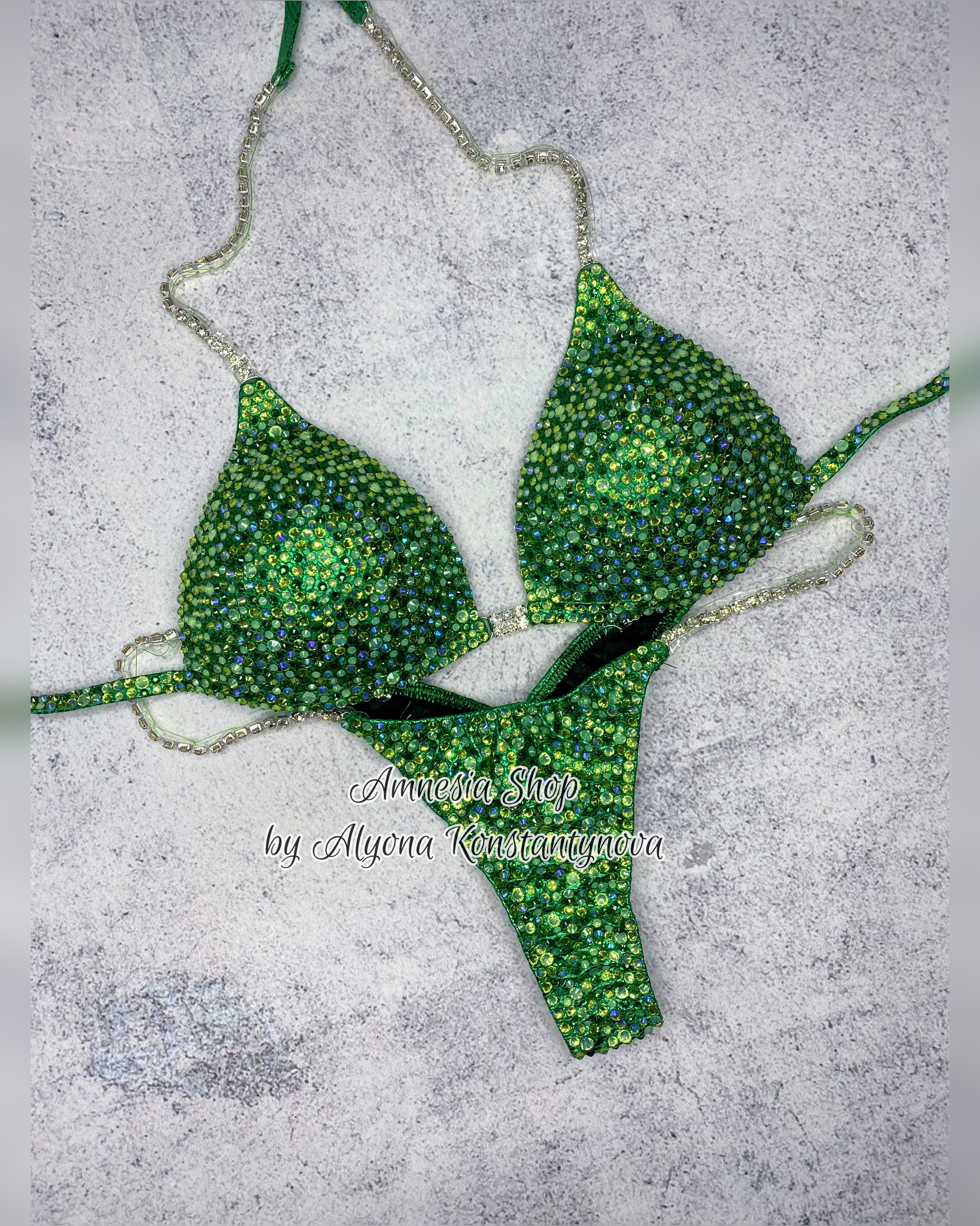Green Competition Bikini Set - Rhinestone Fitness - NPC - IFBB - WBFF - Figure Competition Suit - Posing Suit - Sw Bodybuilding