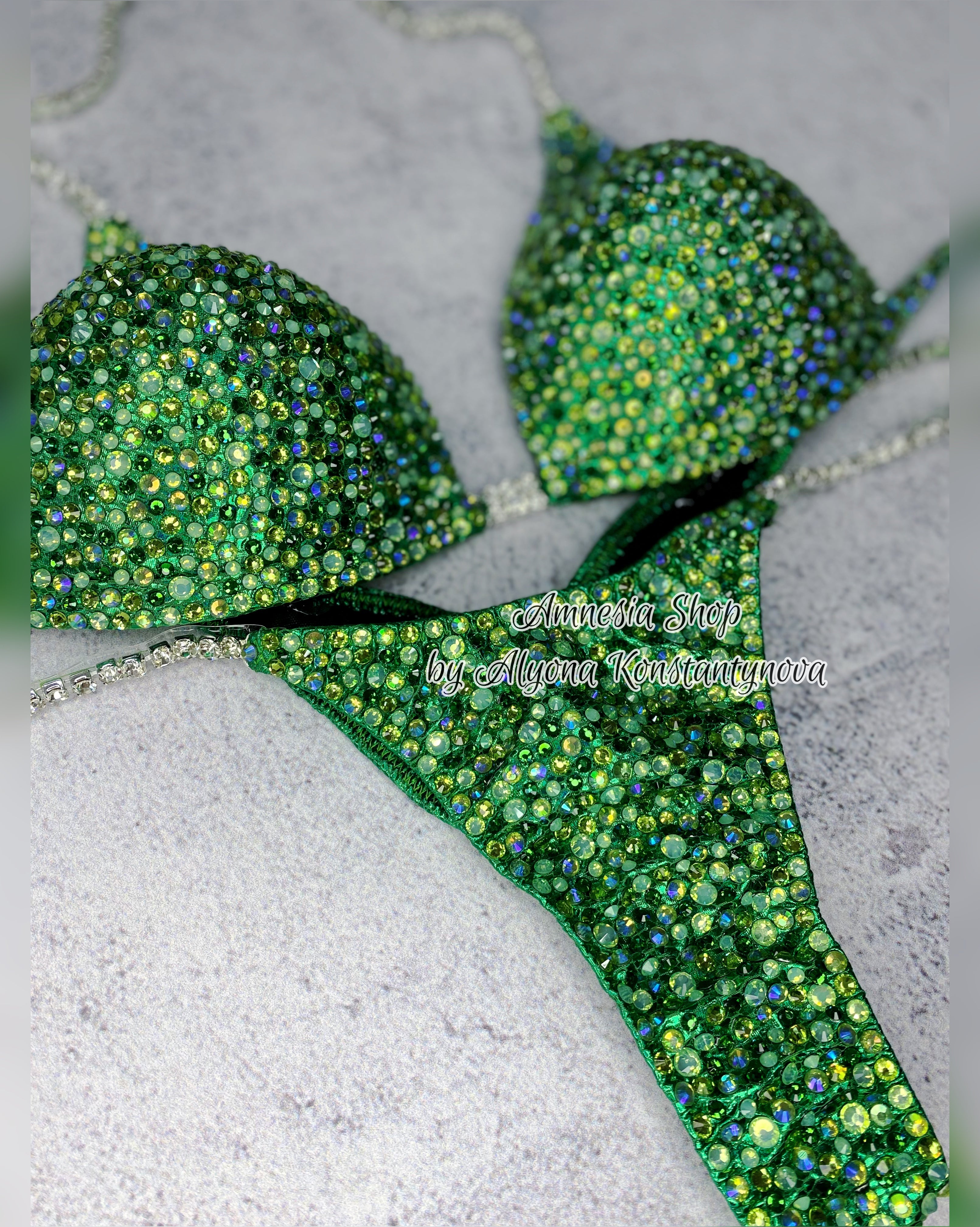 Green Competition Bikini Set - Rhinestone Fitness - NPC - IFBB - WBFF - Figure Competition Suit - Posing Suit - Sw Bodybuilding