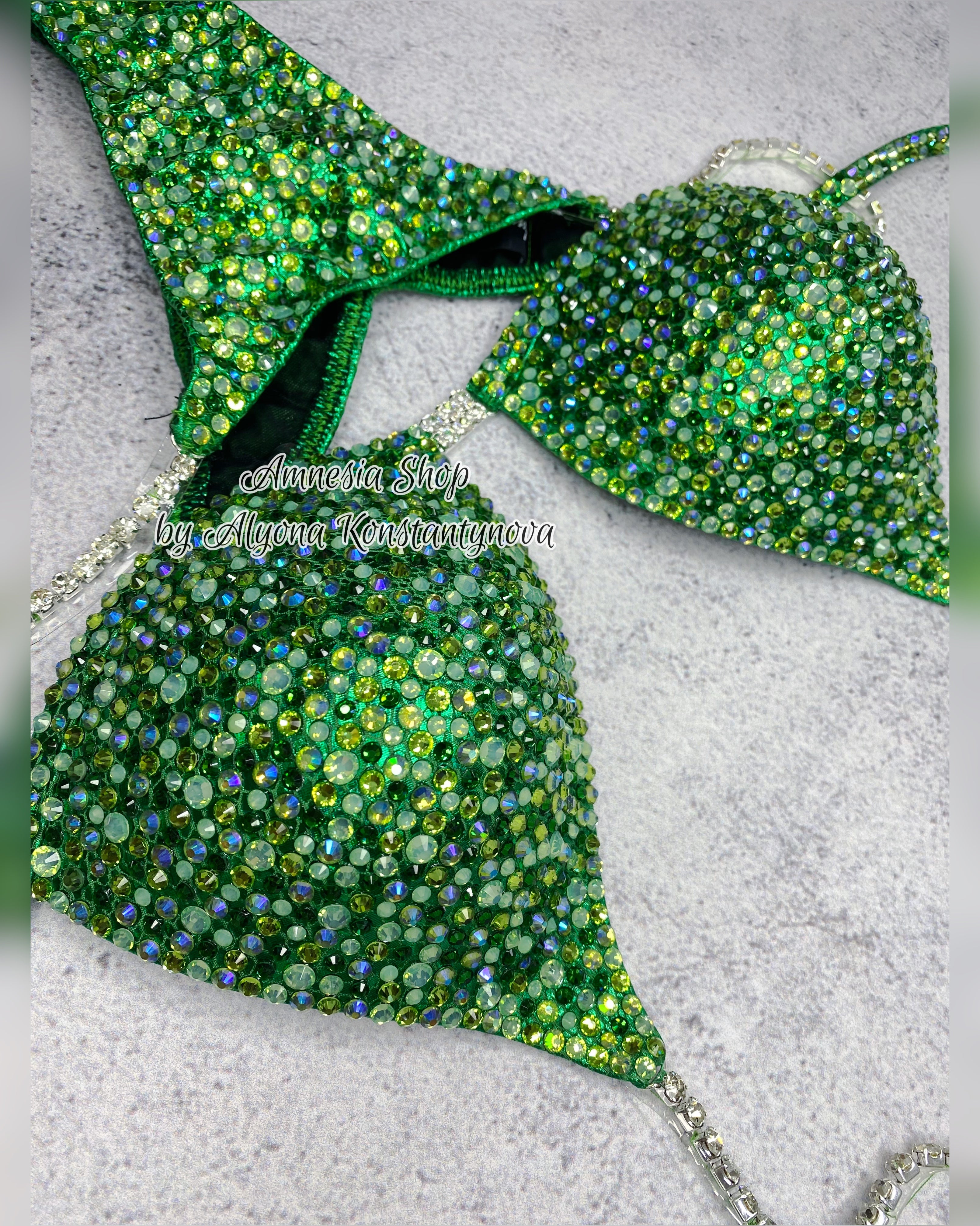 Green Competition Bikini Set - Rhinestone Fitness - NPC - IFBB - WBFF - Figure Competition Suit - Posing Suit - Sw Bodybuilding