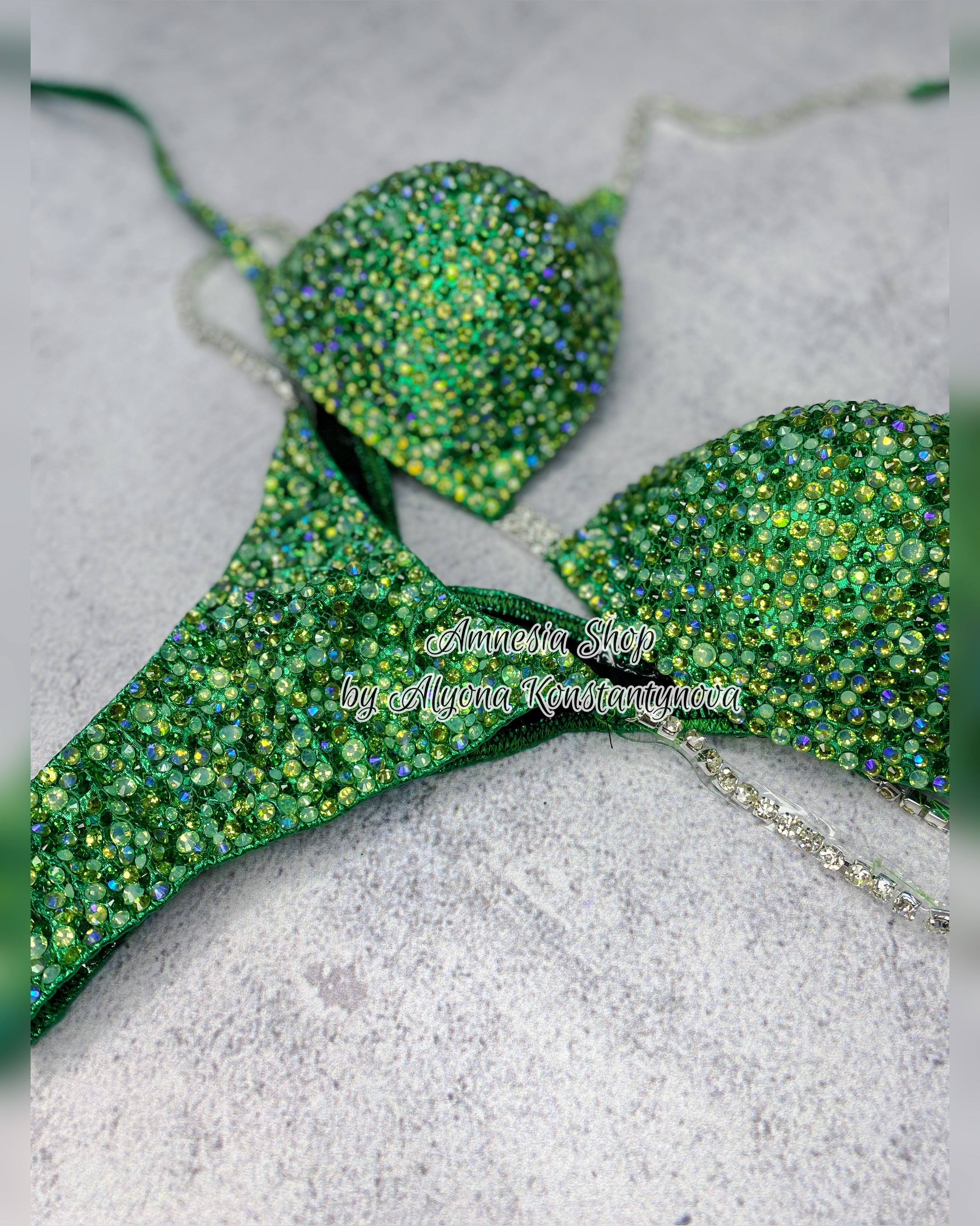 Green Competition Bikini Set - Rhinestone Fitness - NPC - IFBB - WBFF - Figure Competition Suit - Posing Suit - Sw Bodybuilding