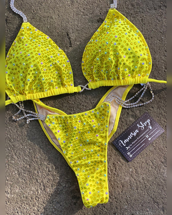 Yellow Competition Bikini Set - Rhinestone Fitness - NPC - IFBB - WBFF - Figure Competition Suit - Posing Suit - Swarovski Bodybuilding - Wellness Bikini