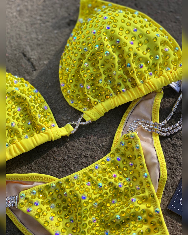 Yellow Competition Bikini Set - Rhinestone Fitness - NPC - IFBB - WBFF - Figure Competition Suit - Posing Suit - Swarovski Bodybuilding - Wellness Bikini