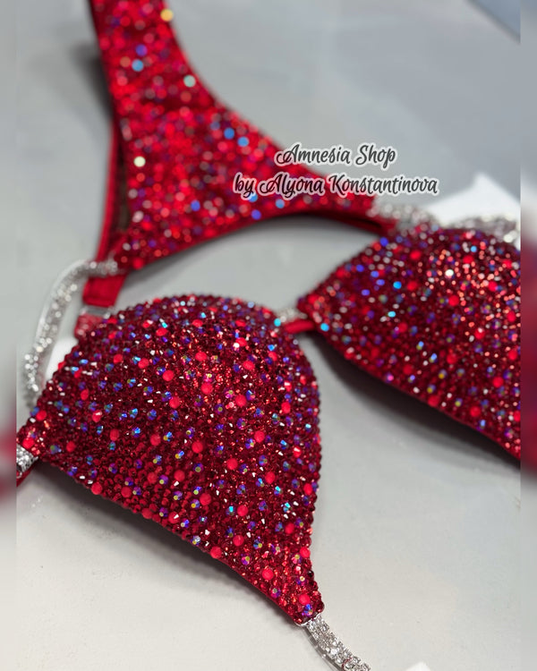 Red Neon Competition Bikini Set - Rhinestone Fitness - NPC - IFBB - WBFF - Figure Competition Suit - Posing Suit - Swarosvki Bodybuilding