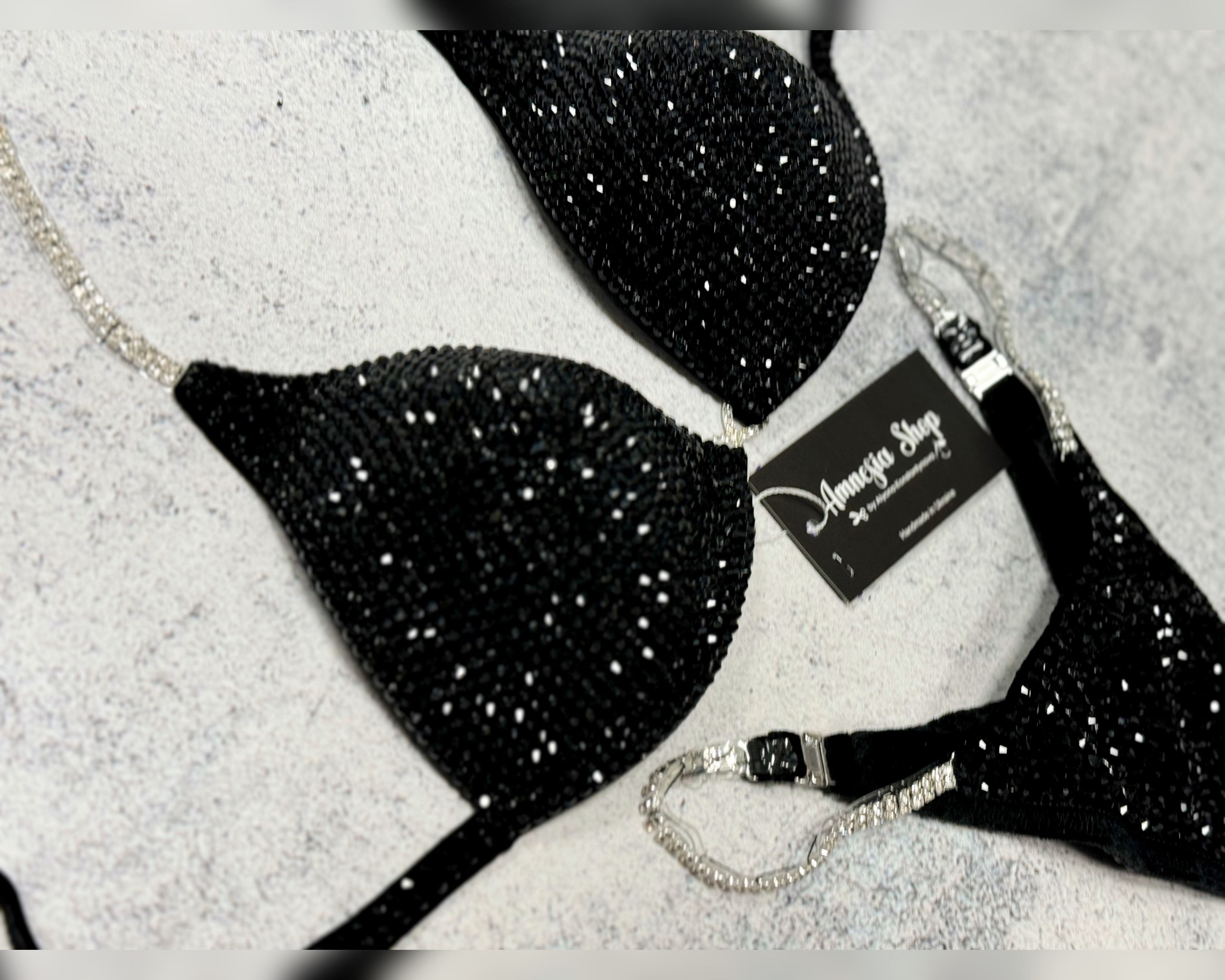 Black Competition Bikini Set - Rhinestone Fitness - NPC Bikini Suit - IFBB - Figure Competition Suit - Posing Suit - Swarovski Bodybuilding