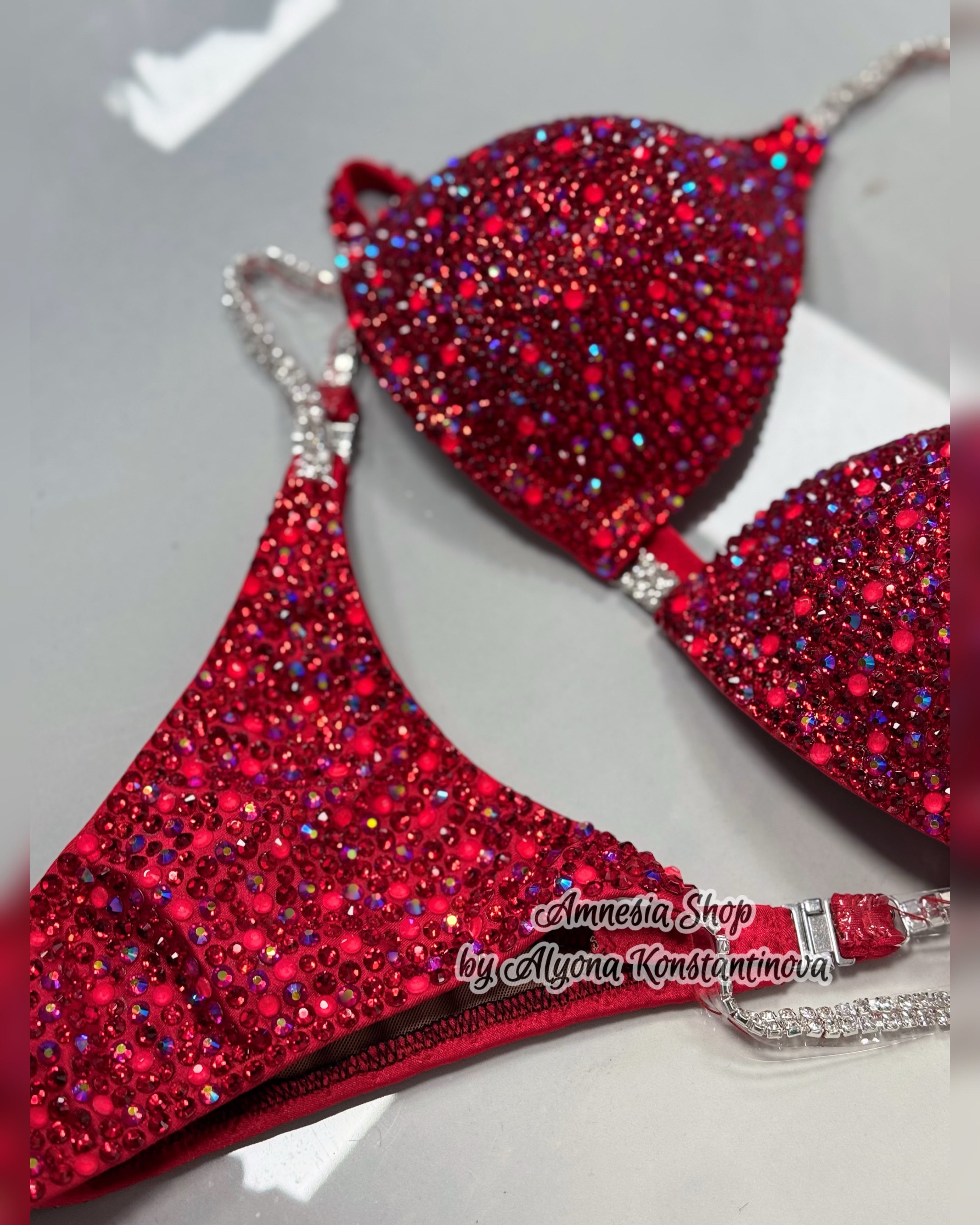 Red Neon Competition Bikini Set - Rhinestone Fitness - NPC - IFBB - WBFF - Figure Competition Suit - Posing Suit - Swarosvki Bodybuilding