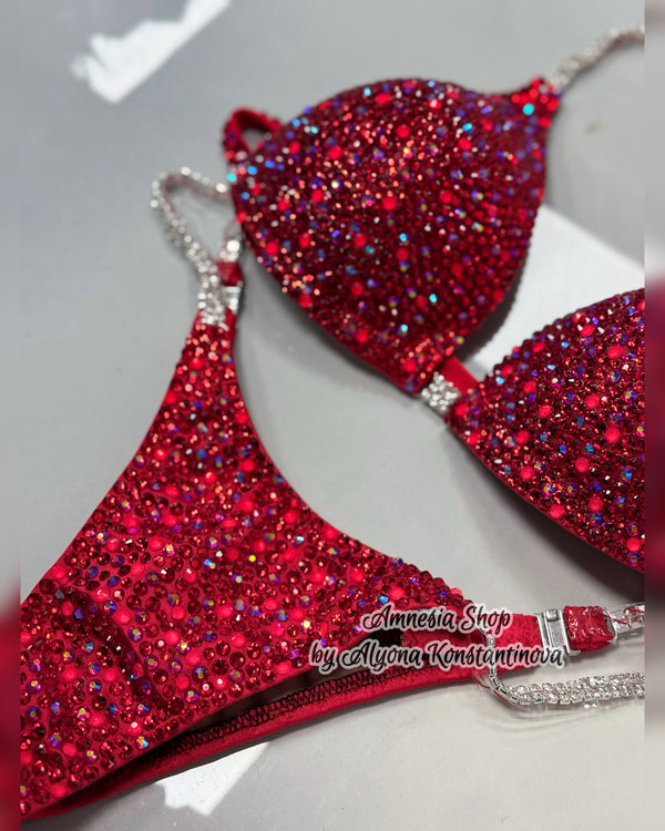 Red Neon Competition Bikini Set - Rhinestone Fitness - NPC - IFBB - WBFF - Figure Competition Suit - Posing Suit - Swarosvki Bodybuilding